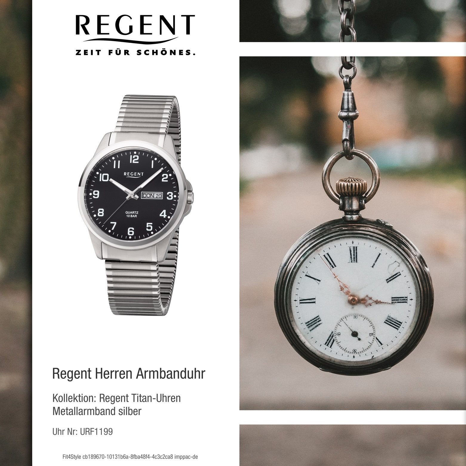 Regent Quarzuhr Regent Herren Metallarmband (ca. 40mm), Uhr groß Armbanduhr Quarz, Herren F-1199 rund, schwarz Metall