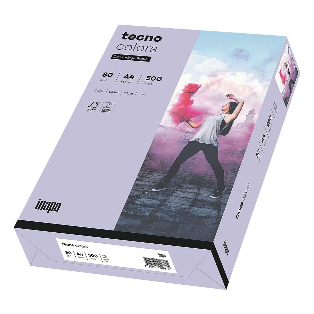 Inapa tecno Drucker- und Kopierpapier Rainbow / tecno Colors, Pastellfarben, Format DIN A4, 80 g/m², 500 Blatt violett