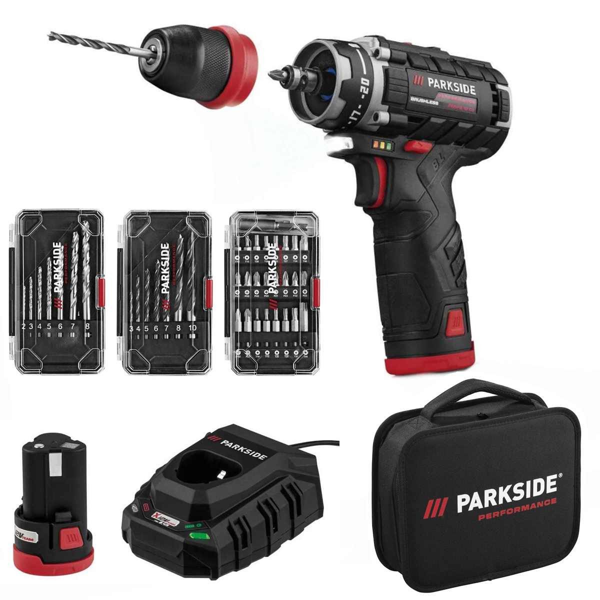 PARKSIDE PERFORMANCE® Akku-Bohrschrauber Akkuschrauber PBSPA 12 +2 Akku+Ladegerät Bit Bohrer Set Tasche E4