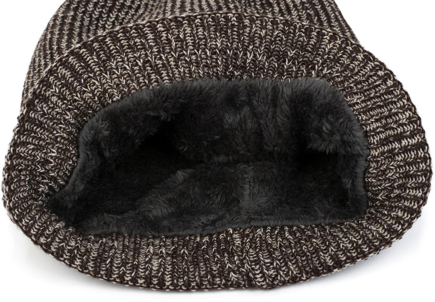 Mütze Fleece (1-St) Melierte Beanie styleBREAKER Feinstrick Dunkelbraun-Beige Strickmütze mit