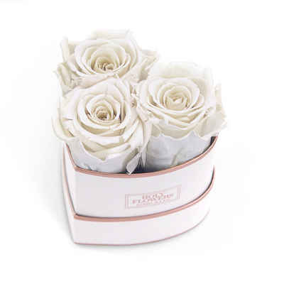 Kunstblume Rosenbox Herz Rosé, 3 konservierte echte Rosen, 1- 3 Jahre haltbar Infinity Rose, Holy Flowers, Höhe 10 cm