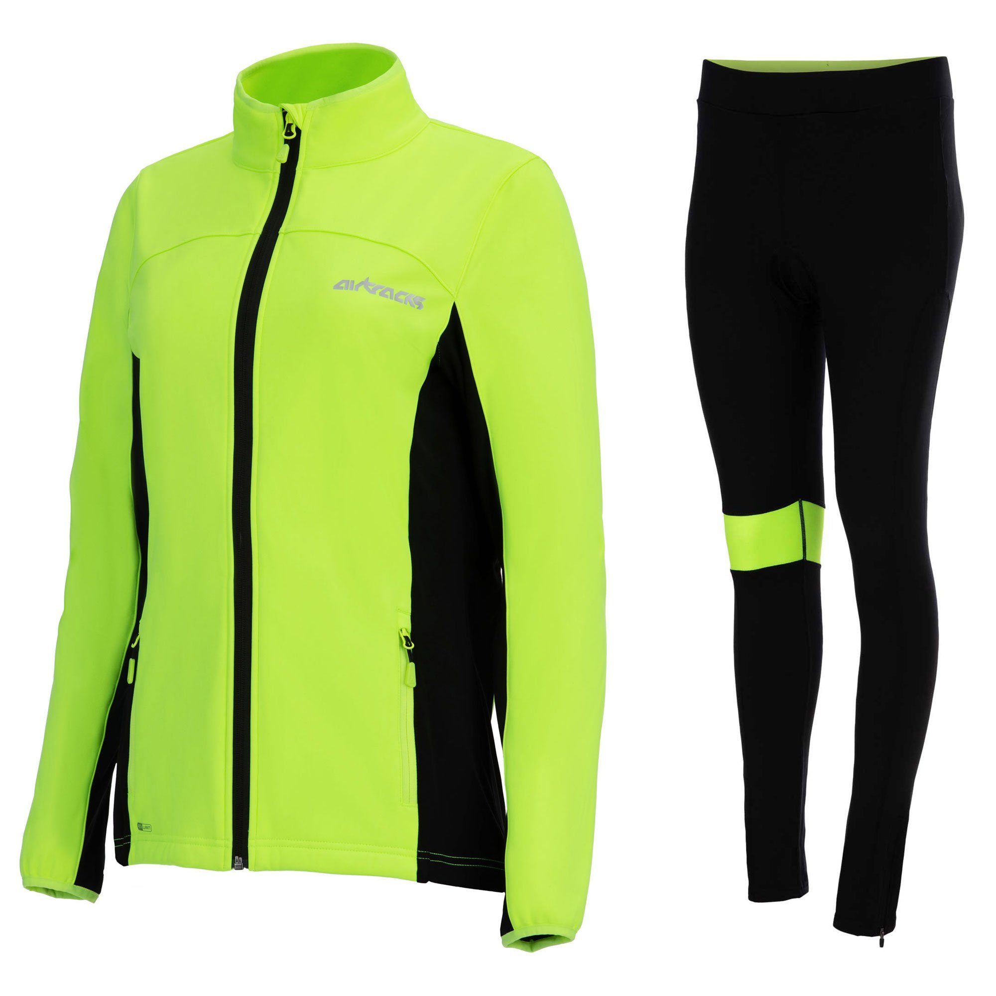 Airtracks Fahrradhose Damen Winter Radtrikot Set (Set, 2er Pack) Softshell Fahrradjacke + Thermo Fahrradhose Lang, optimal für die kalte Jahreszeit Herbst-Winter » S M L Xl XXL XXXL « schwarz-neon