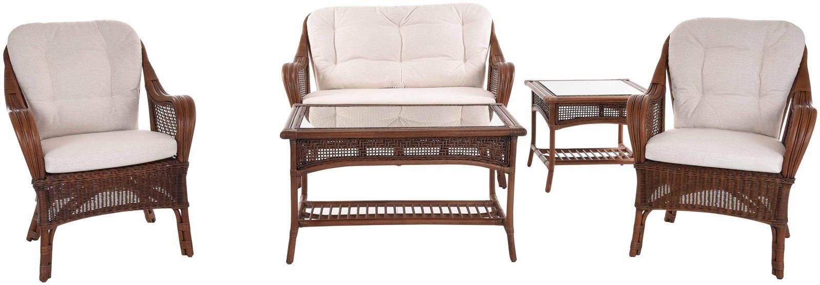 Krines Home Sitzgruppe Set/5 Rattanset Natur Rattan Sitzgruppe Wintergarten Set (Antik Braun), (5-tlg., 2x Sessel, 1x Zweisitzer, 1x Tisch, 1x Ecktisch), Wintergartengruppe, Ablagen unter den Glas-Tischplatten