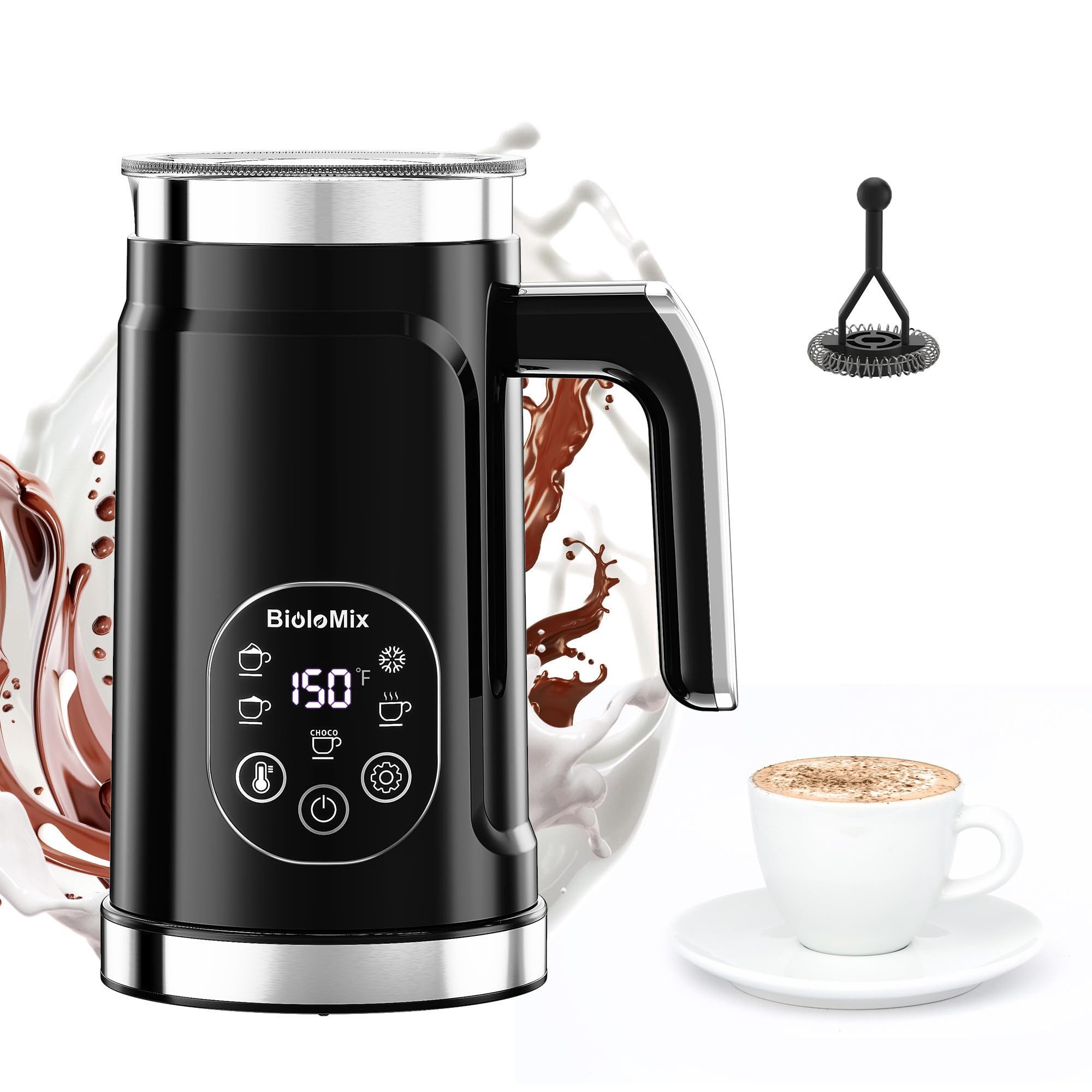 Tekoo Milchaufschäumer Elektrischer Milchaufschäumer 5-in-1, LCD-Display, Temperaturregelung, 500 W, LCD-Touch-Display, 3 Temperaturstufen, Antihaftbeschichtung