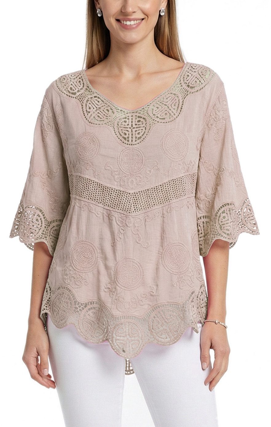 dy_mode Tunika Damen Tunika 3/4 Arm mit Spitze – Leichte Baumwoll Bluse für Sommer mit Häkel-Einsätzen - leicht transparent