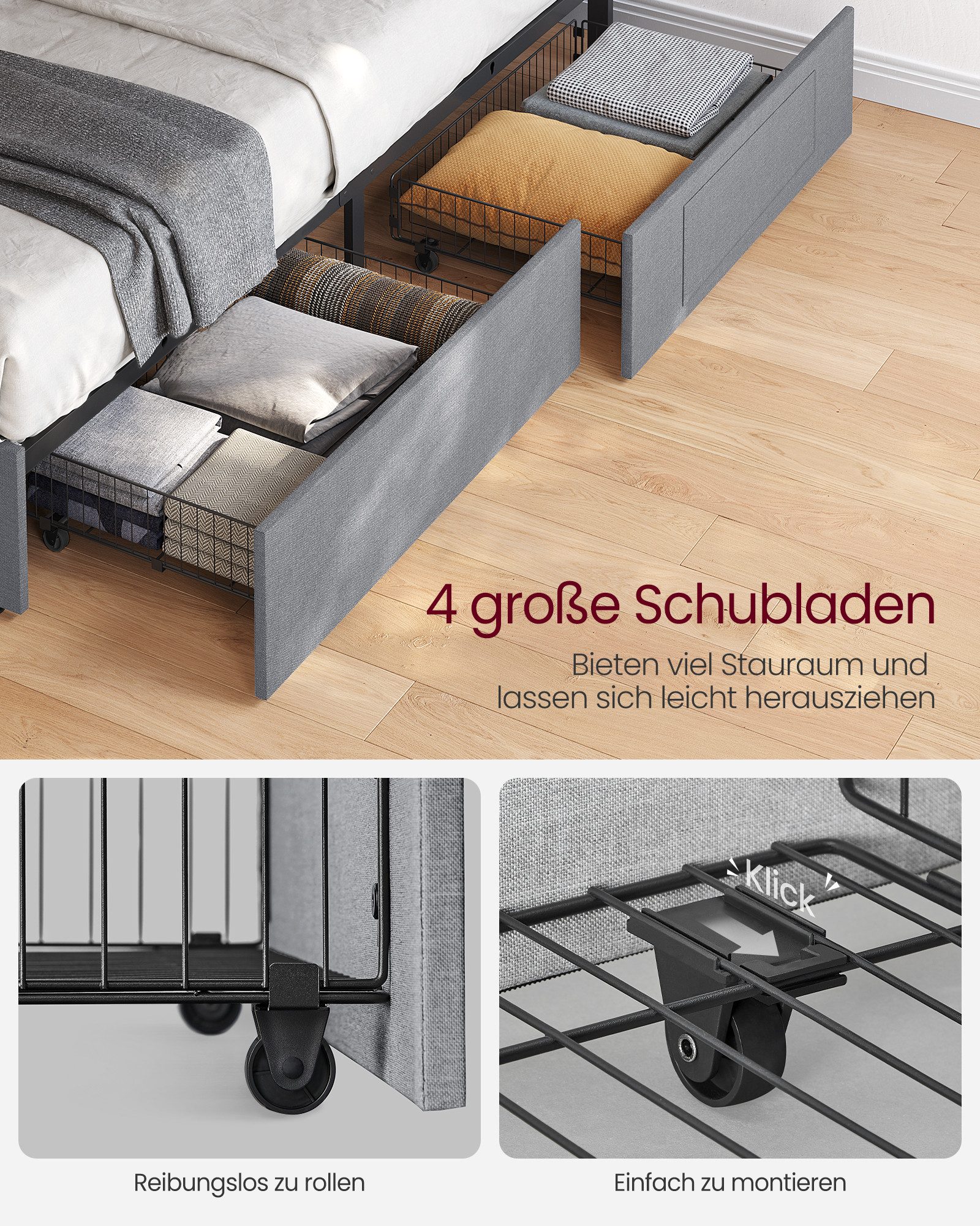VASAGLE Polsterbett inkl. ergonomischer Matratze, 7-Zonen Taschenfederkernmatratze Set, 140x200 cm, 4 Schubladen, USB, H3 – Bild 5 von 5