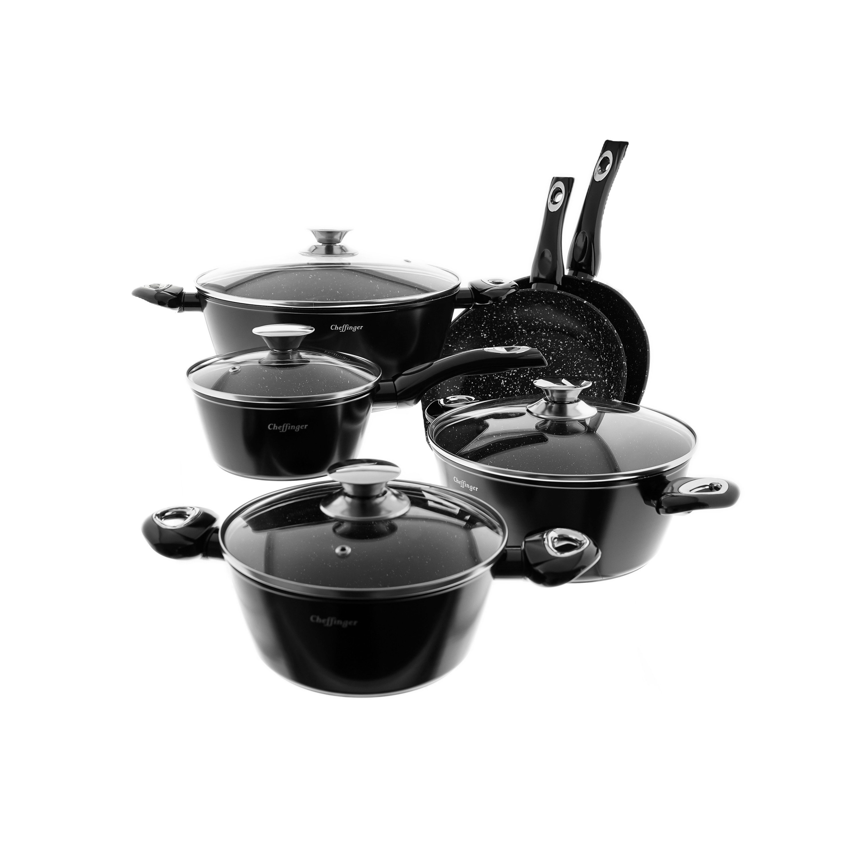 Cheffinger Kochtopf 10-tlg Kochgeschirr-Set - Marmor-Beschichtung, Induktionsgeeignet