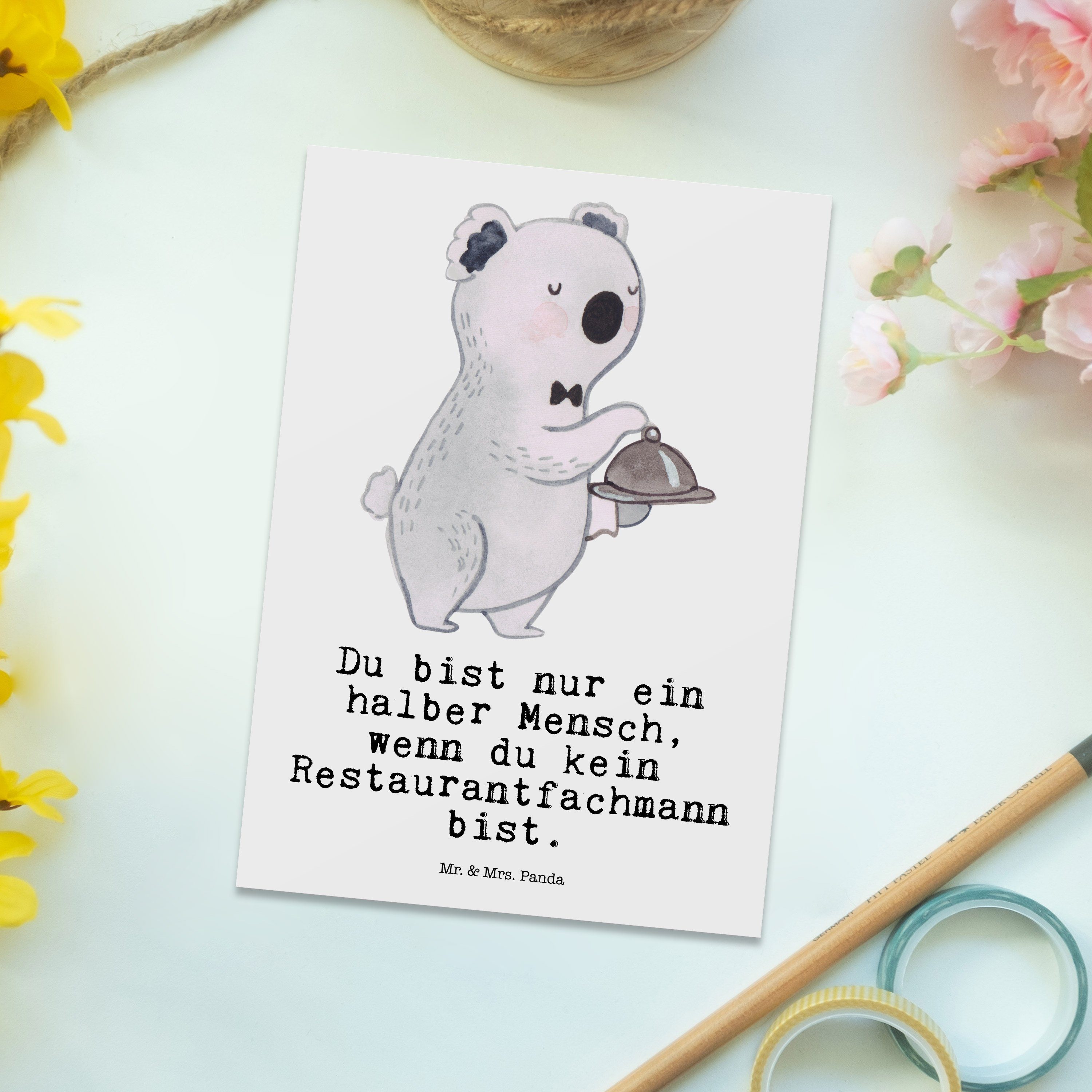 - Kellner, Mr. Geschenk, Postkarte Mrs. & Einladungskar mit Herz Weiß Restaurantfachmann Panda -