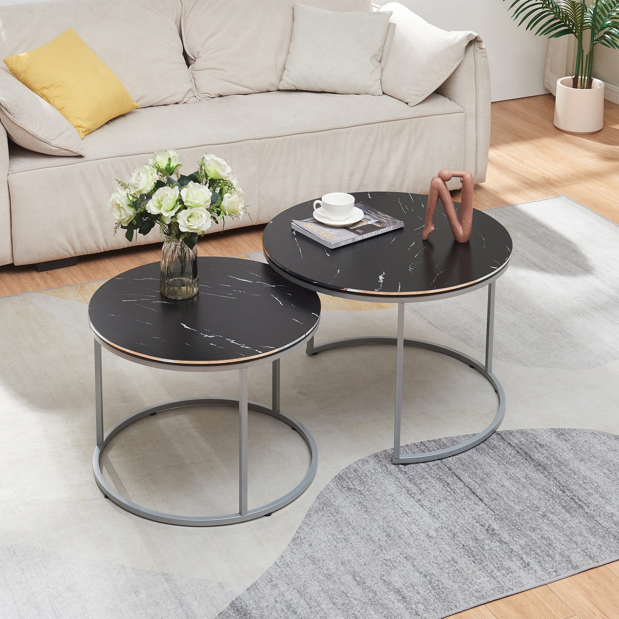en.casa Couchtisch, »Skagen« Beistelltisch im 2er Set rund Marmor, schwarz / Silber