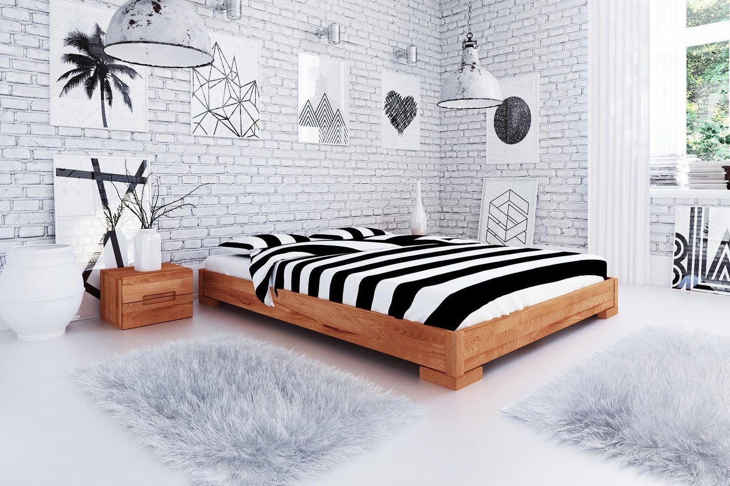 Natur24 Einzelbett Bett Bento 2 Kernbuche massiv 160x200cm ohne Kopfteil mit Holzbeinen