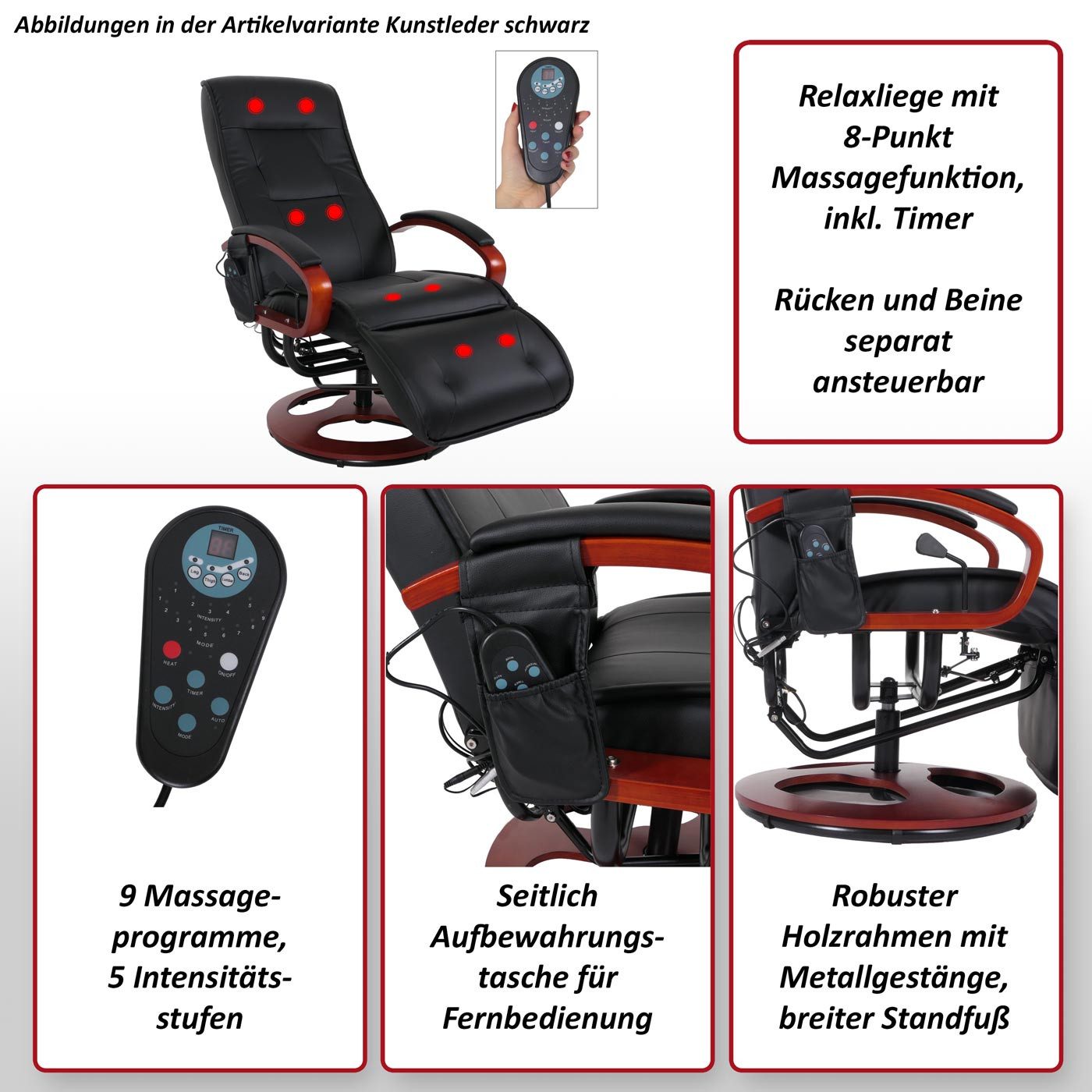 PROREGAL® Massagesessel Relaxliege ATHENE mit Massagefunktion, Bezugmaterial, Farbe, Rückenfläche verstellbar, 360° drehbar, 8-Punkt-Massage