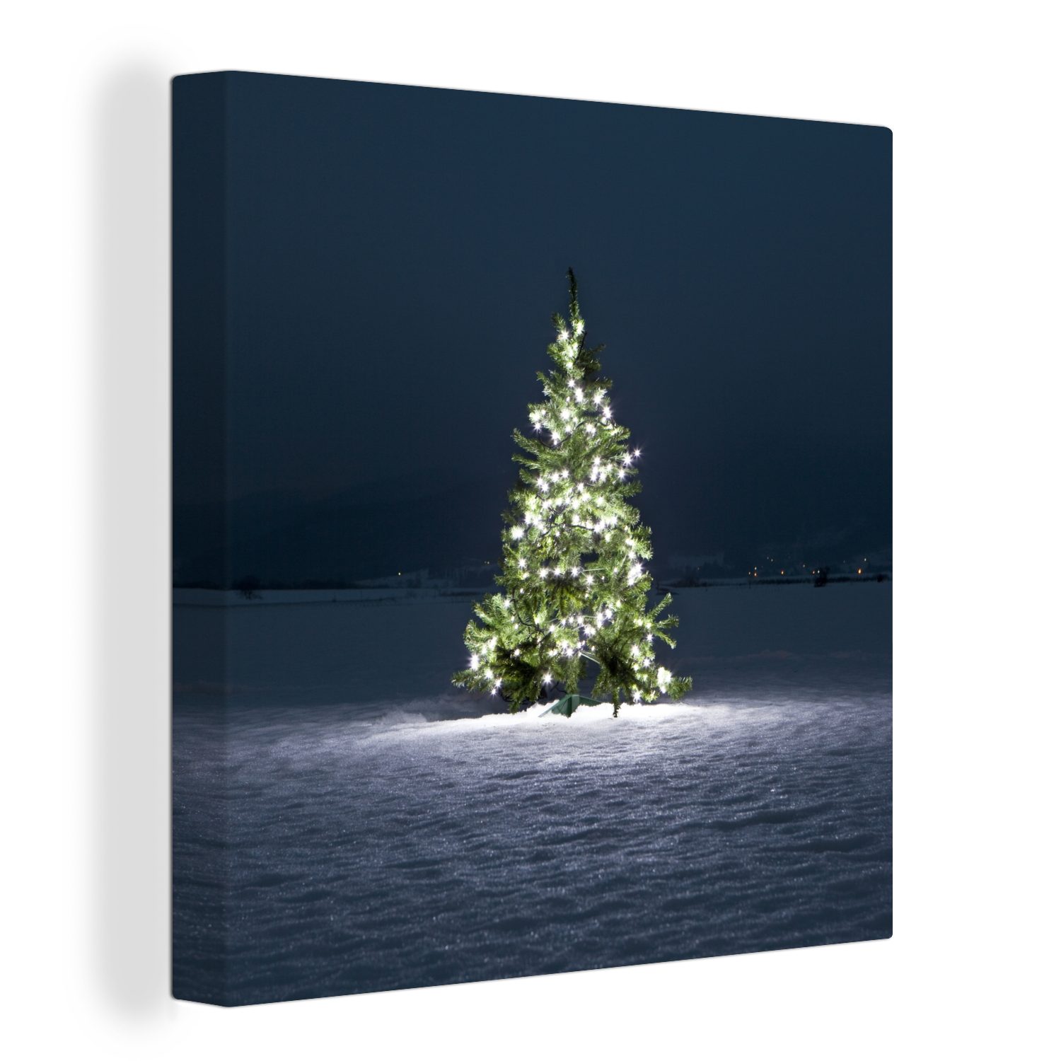 OneMillionCanvasses® Leinwandbild Der Tannenbaum mit Lichtern in der Dunkelheit, (1 St), Leinwand Bilder für Wohnzimmer Schlafzimmer