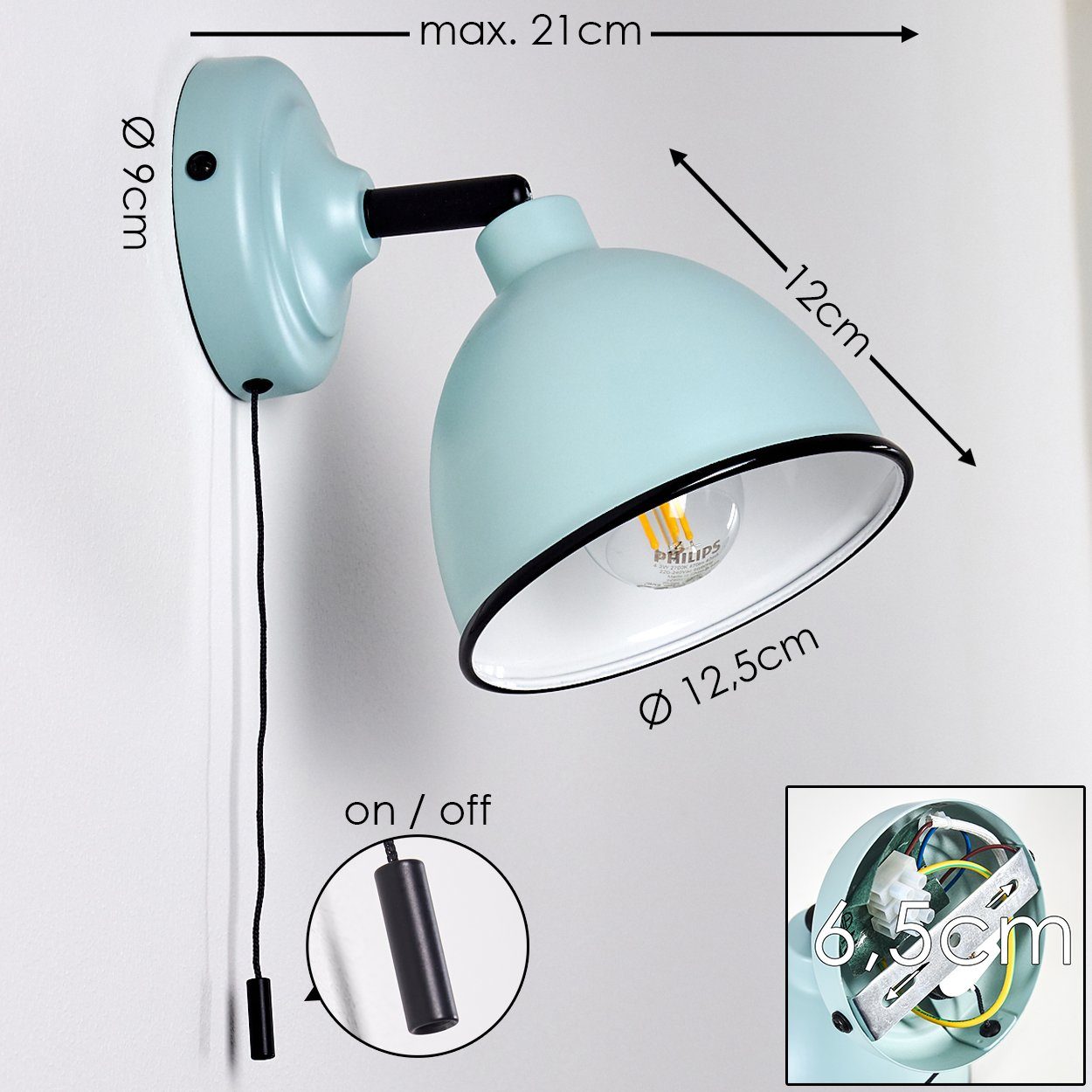hofstein Wandleuchte »Scerne« verstellbare Wandlampe aus Metall in Türkis/Weiß/Schwarz, ohne Leuchtmittel, 1xE14, Wandspot im Retro-Design, mit Zugschnur zum An-/Ausschalten