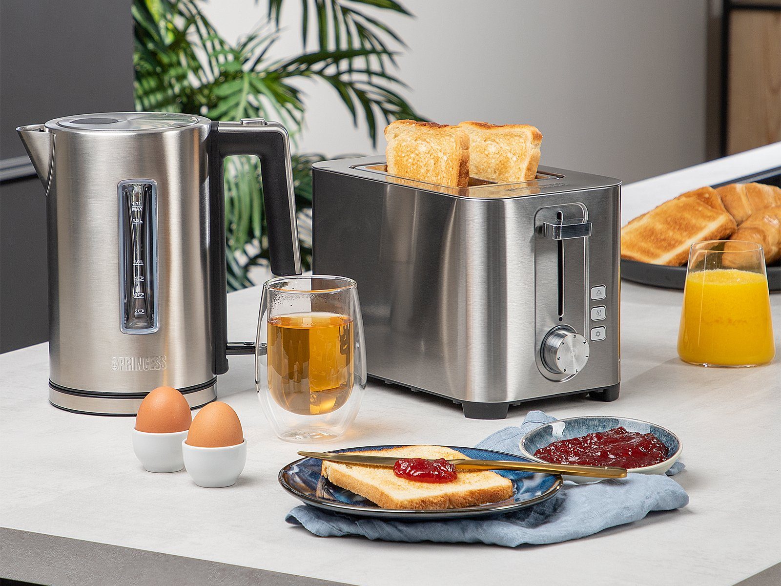 PRINCESS Тостери, Doppelschlitz, 850 W, Frühstück-SET Toastmaschine Toster & 1,7 Liter Wasserkocher ohne Kabel
