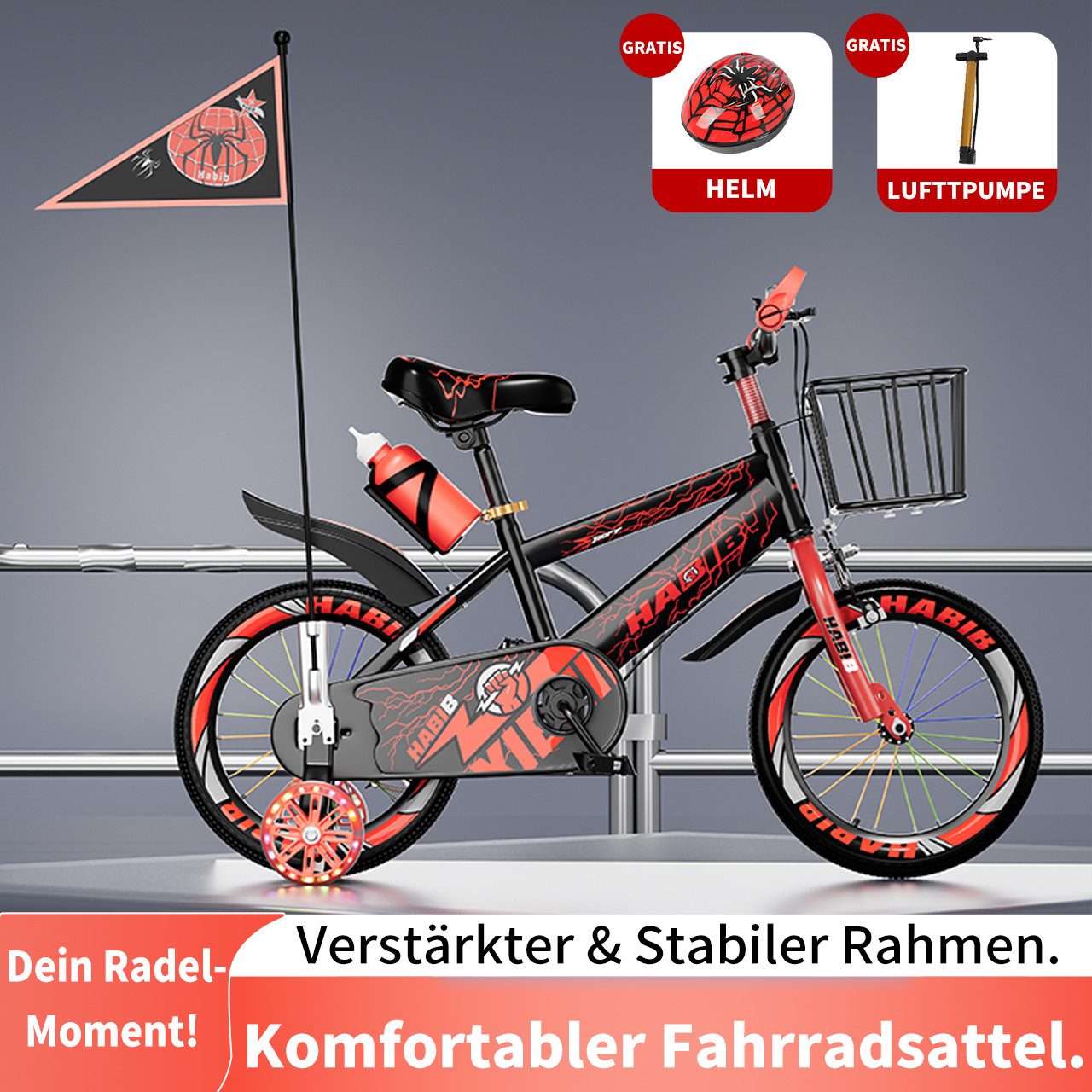 Habib Gruppe Kinderfahrrad Jungen 12 14 16 Zoll ab 3 Jahre, Stützräder, Korb & Helm