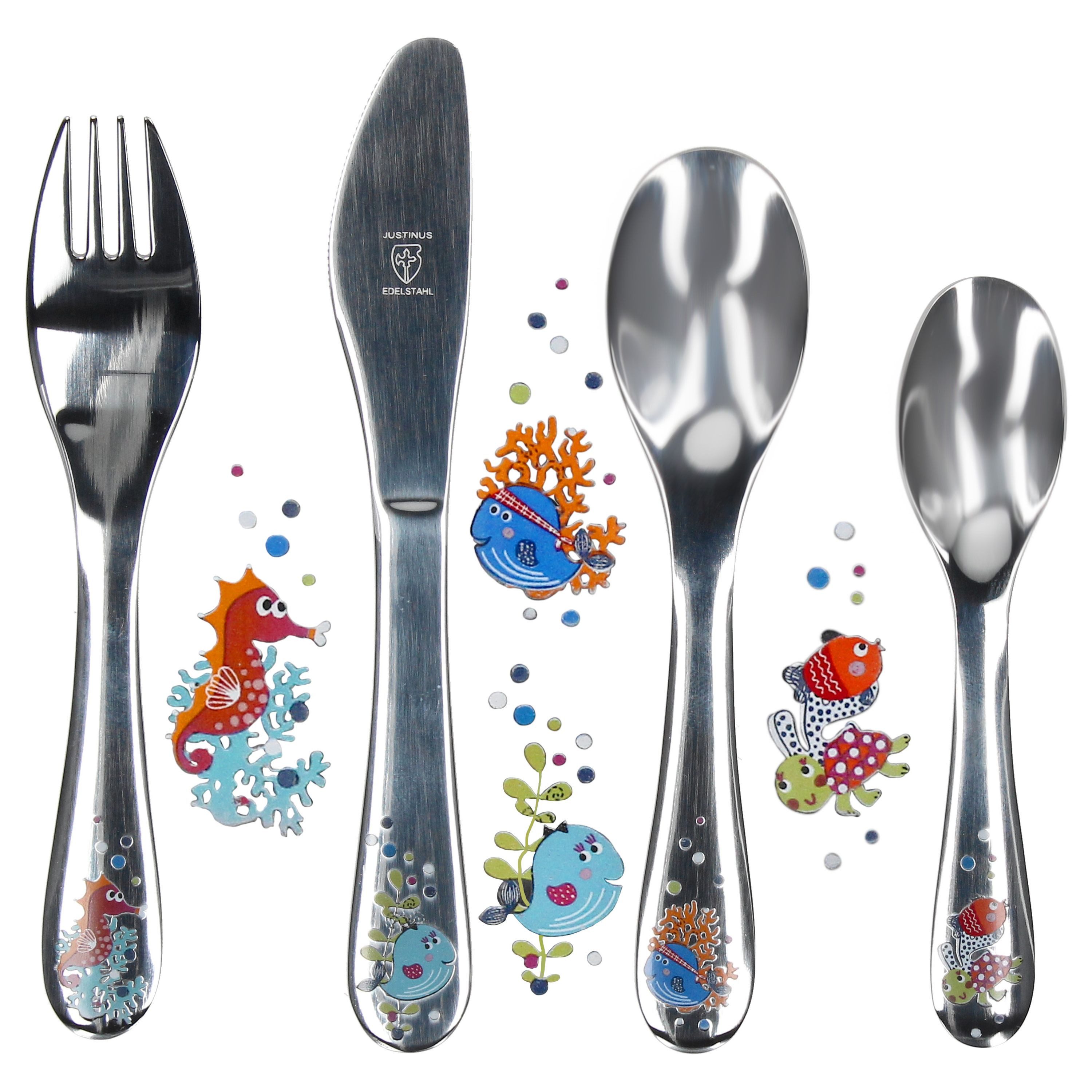 Justinus Besteck-Set Justinus 4tlg Meerestiere Kinder-Besteck-Set Messer Gabel Löffel, Edelstahl