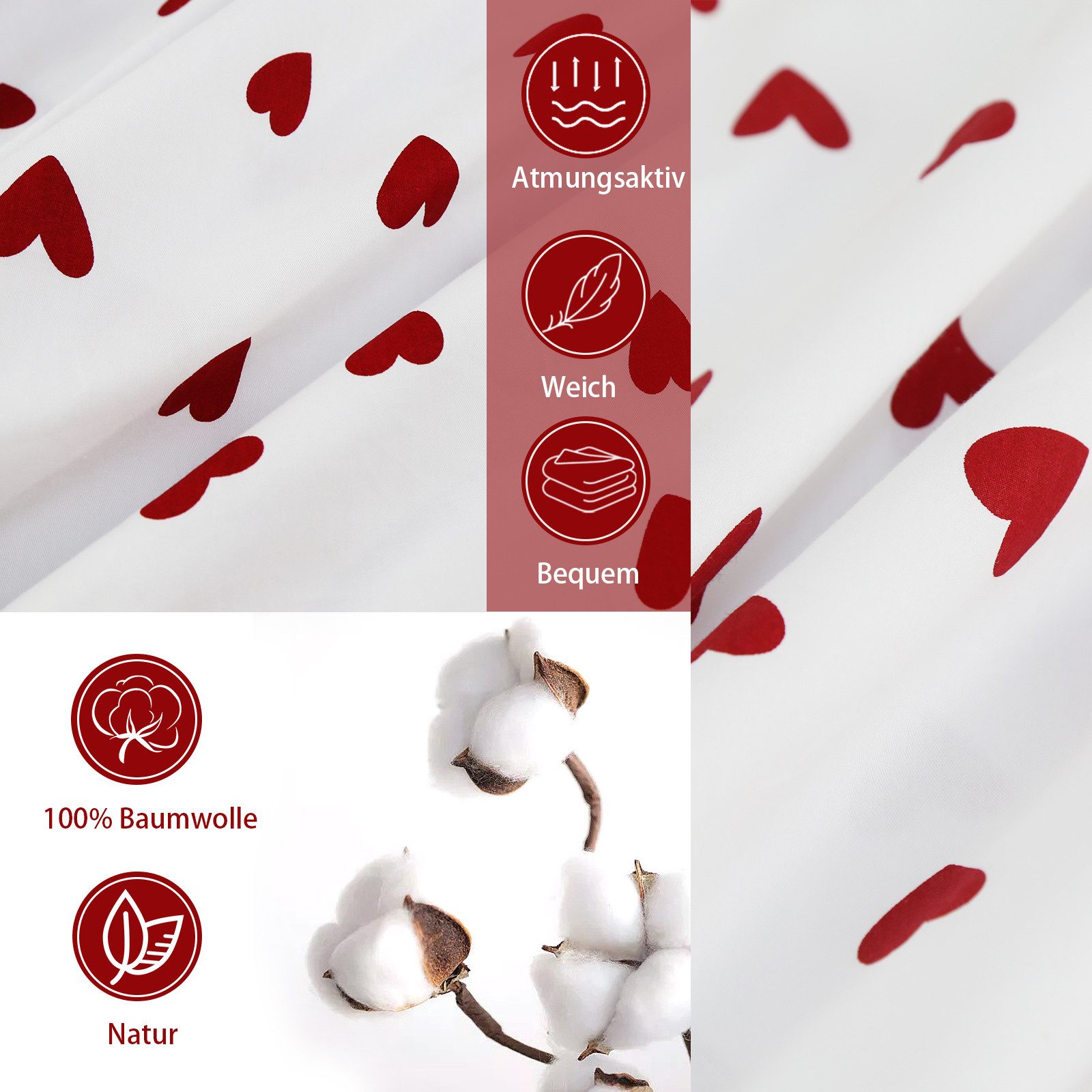 KEAYOO Bettwäsche Rot Herzen, 2 teilig, 100% Baumwolle Weiß Bettwäsche günstig online kaufen