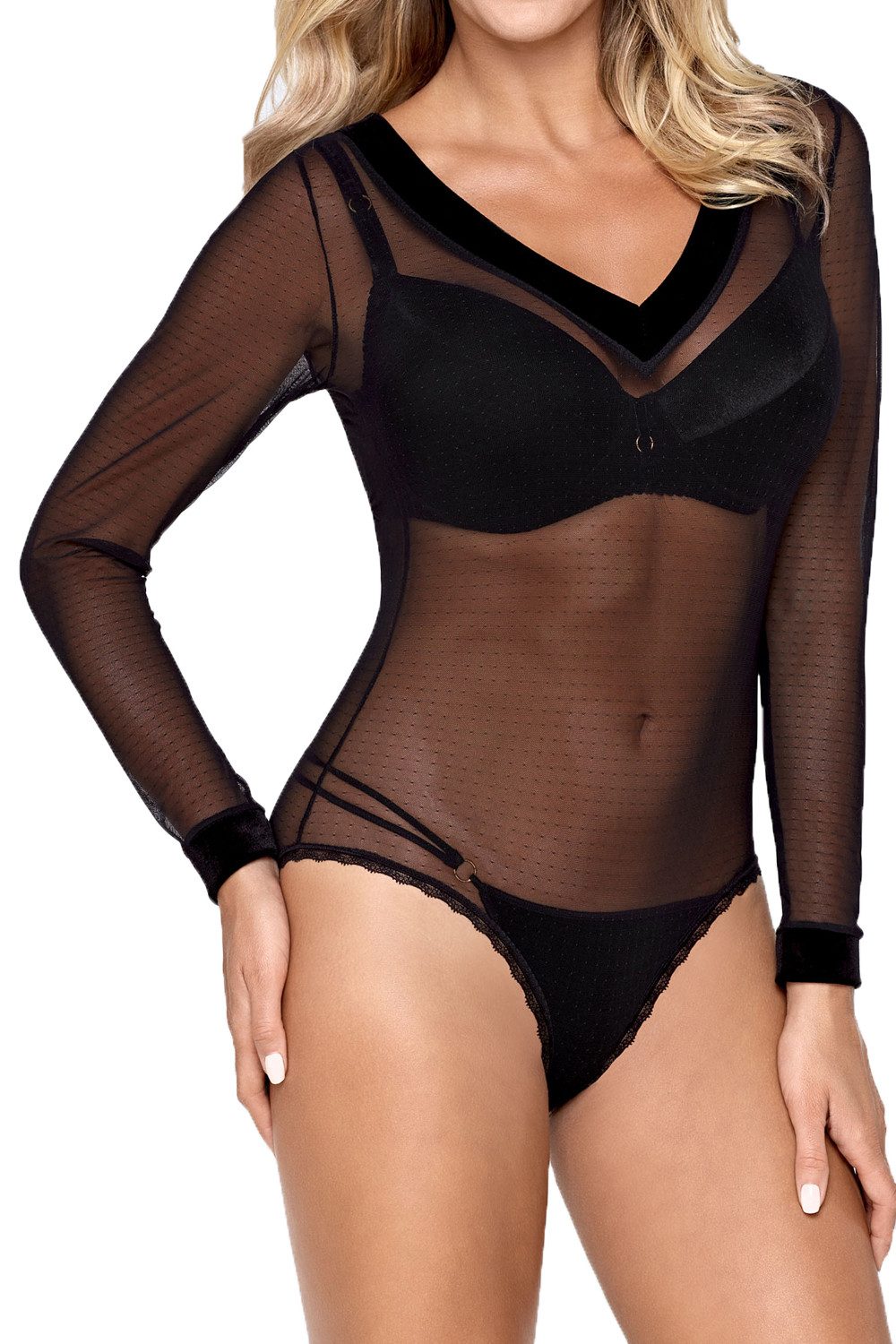 Hamana Stringbody Schwarzer erotischer Damen Body aus Tüll transparent dehnbar mit lange