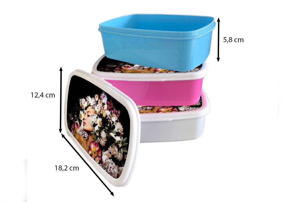 MuchoWow Lunchbox (2-tlg), weiß Brotbox Frauen - Mädchen für Blumen Kinder - Kunststoff, Jungs für Rosen Erwachsene, und Porträt, Brotdose, - und