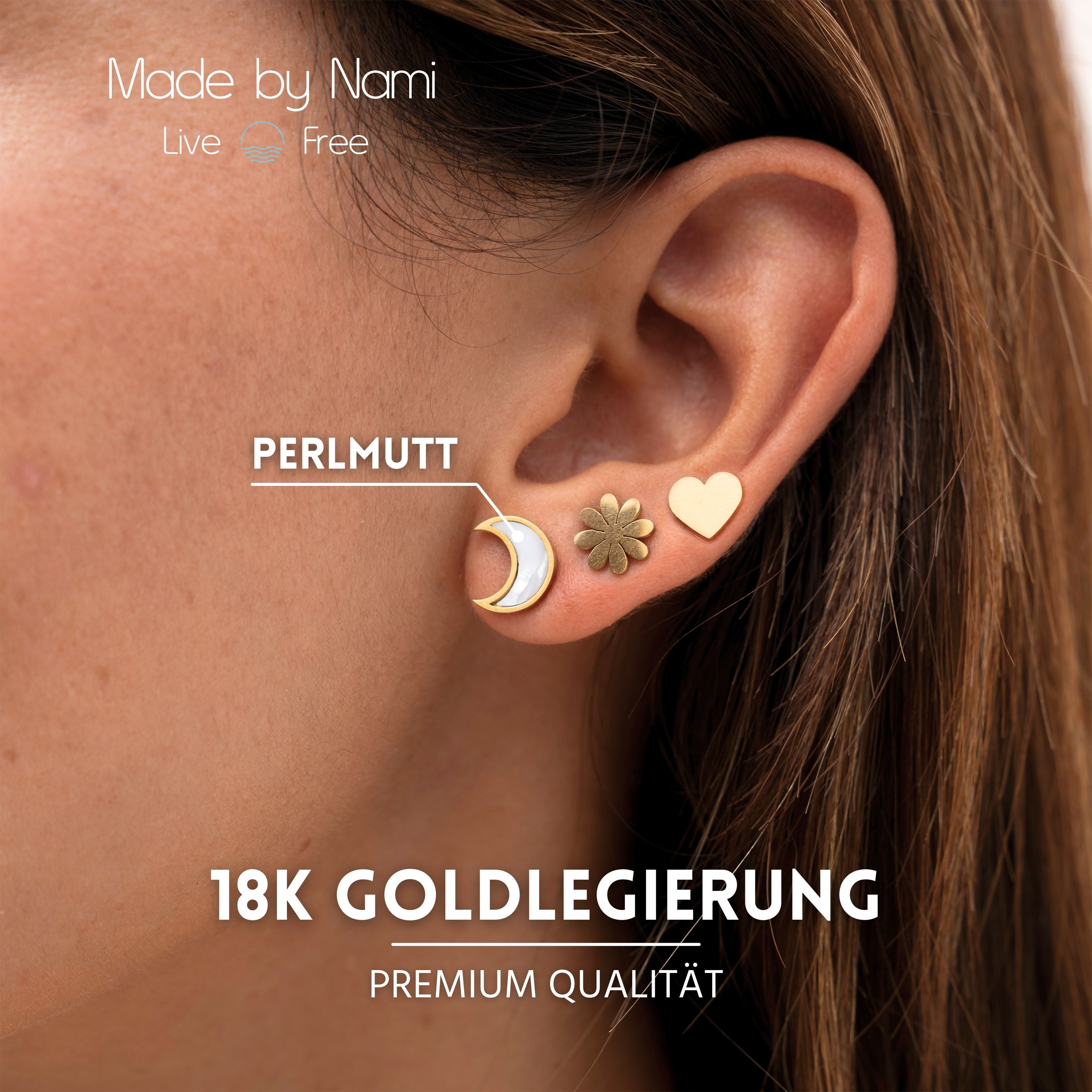 Made by Nami Ohrstecker-Set verschiedene Formen mit Mond-Blume-Herz Perlmutt Ohrstecker Gold, aus Chirurgischem Edelstahl Wasserfester Schmuck Geschenk für Sie – Bild 4 von 5