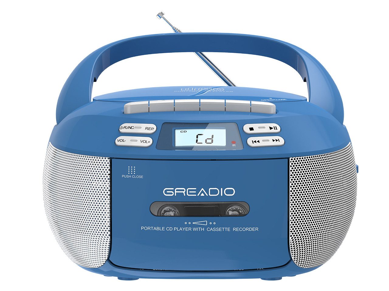 Greadio X2A Tragbarer CD-Player Kassettenrekorder mit Bluetooth FM Radio, blau tragbarer CD-Player (Bluetooth)