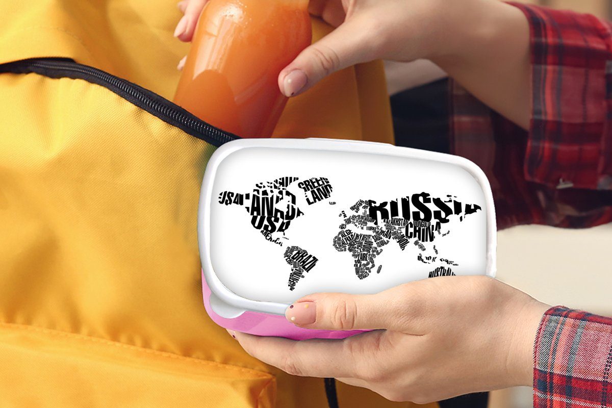 MuchoWow Lunchbox Weltkarte - Snackbox, Kinder, Kunststoff, (2-tlg), Kind Erwachsene, - - Brotdose Mädchen, rosa Weiß - Mädchen, Brotbox Schwarz Wörter Junge - Kunststoff für 