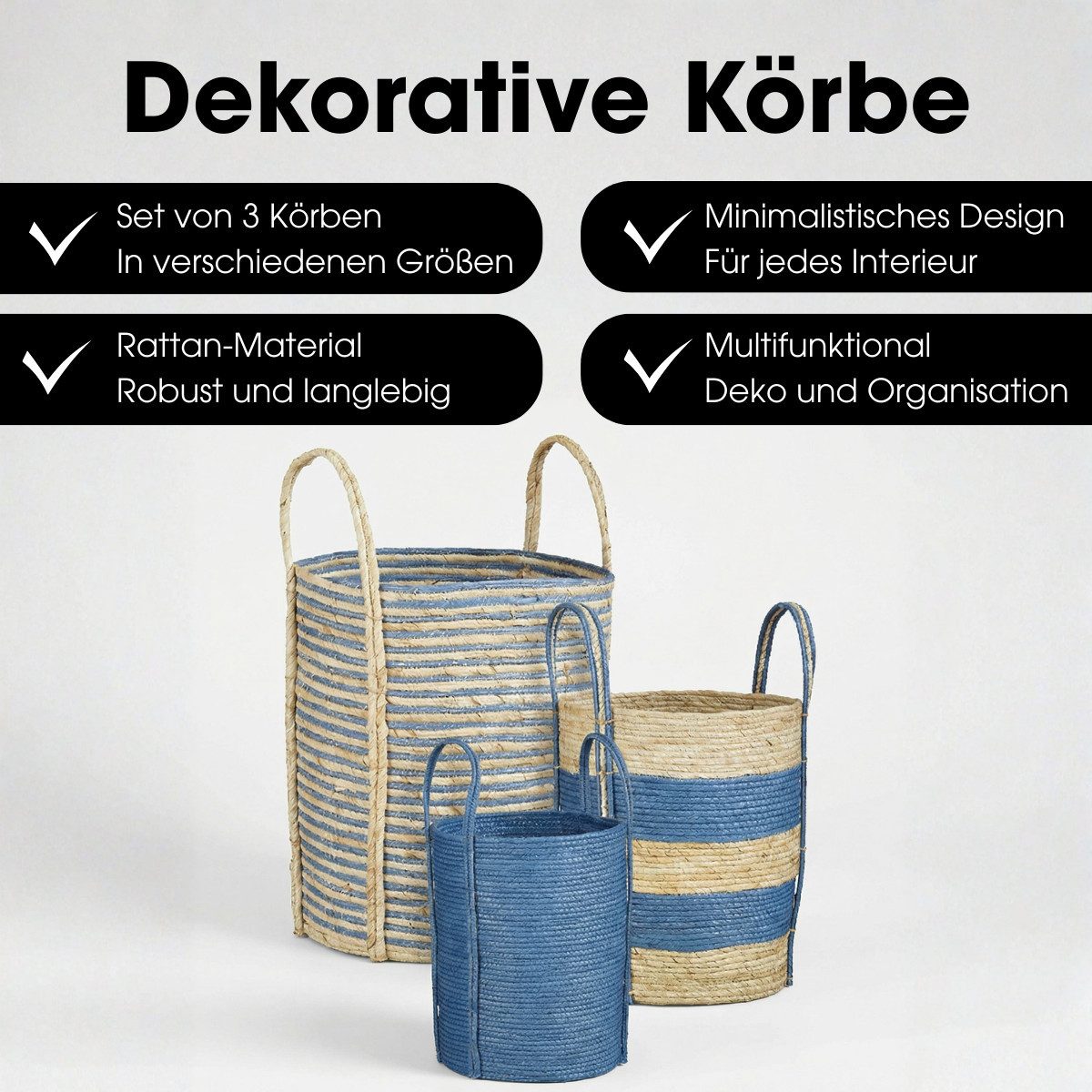 Mica Decorations Blumentopf Mica Decorations Brooklyn Korb - Flechtkorb Set aus 3 - Blau