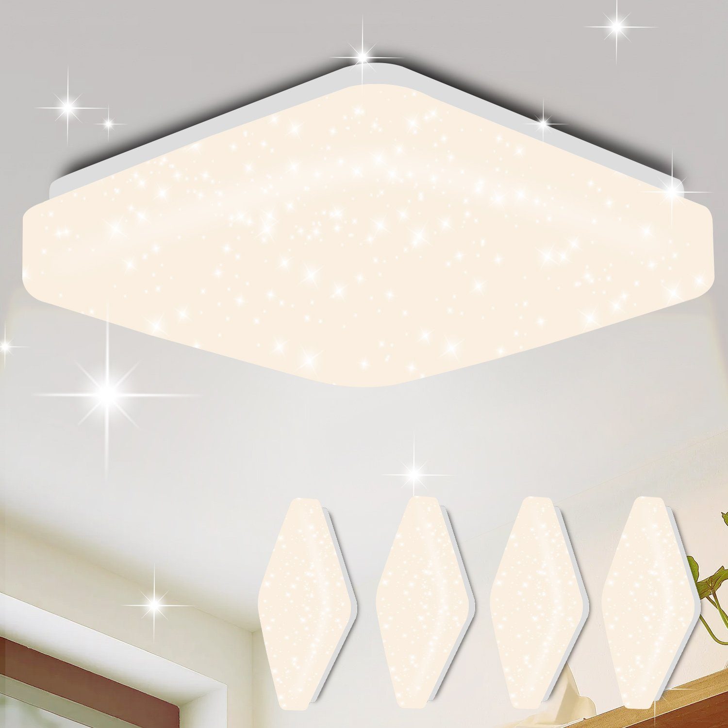 Nettlife LED Deckenleuchte Sternenhimmel Weiß Sternendekor 15W 21cm Deckenbeleuchtung, LED fest integriert, Neutralweiß, für Küche Schlafzimmer Flur Kinderzimmer, 15W, ‎21 x 21 x 6 cm
