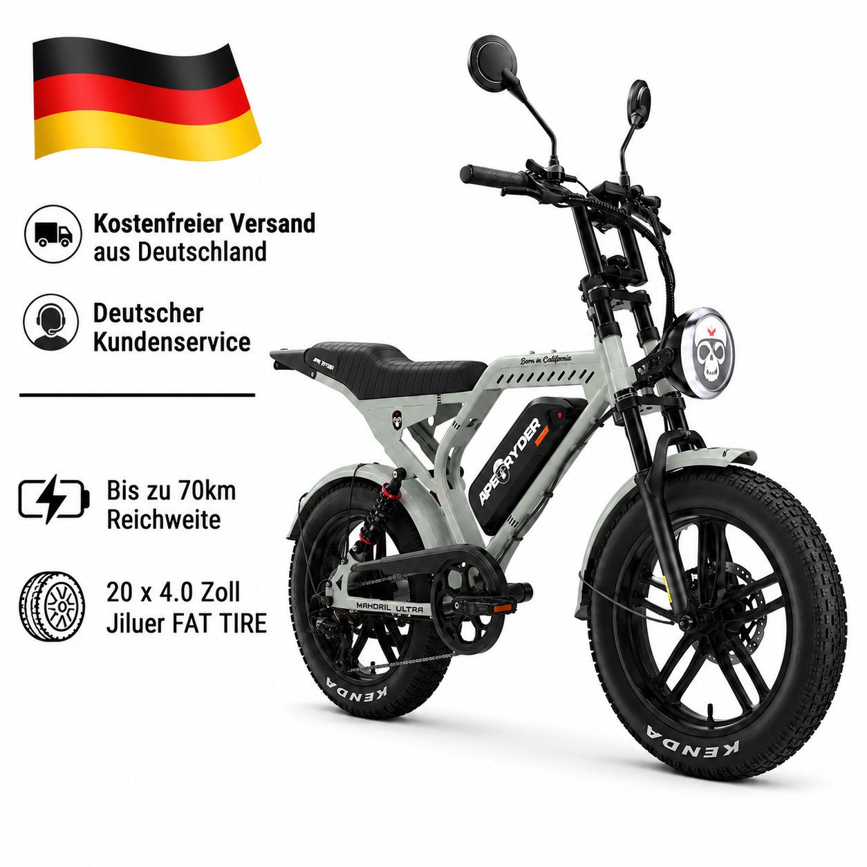 APE RYDER E-Bike Mountainbike 20 Zoll Fatbike 48V 15Ah Akku, bis 80 km, Shimano 7-Gang, hydraulisch, 7 Gang, Heckmotor, 720 Wh, (Packung)