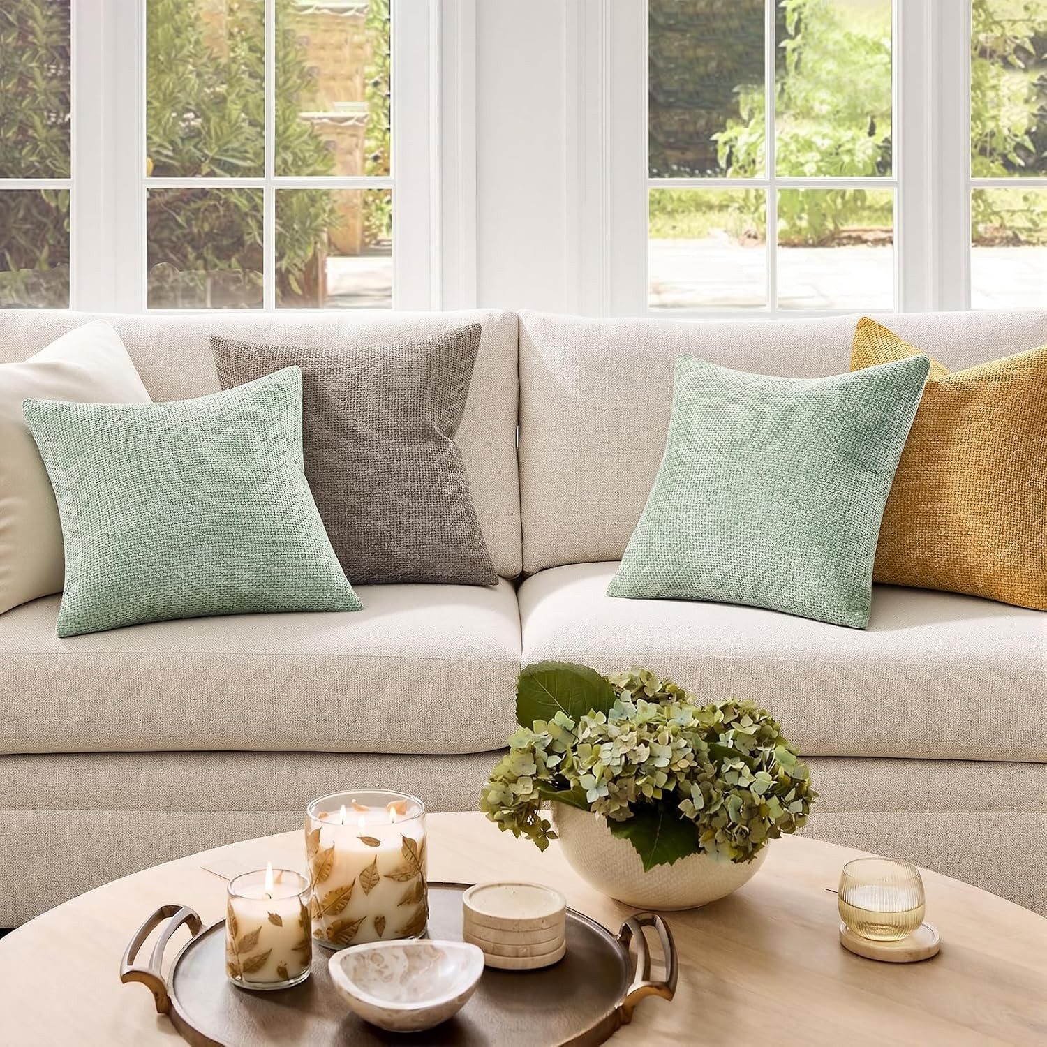 Topfinel Kissenbezug 40x40 samt Flausch Chenille sofa dekokissenbezüge Rattanstreifen Boho, (2 Stück), Kissenbezug 40x40 Salbeigrün Wohnzimmer Schlafzimmer pflegeleicht