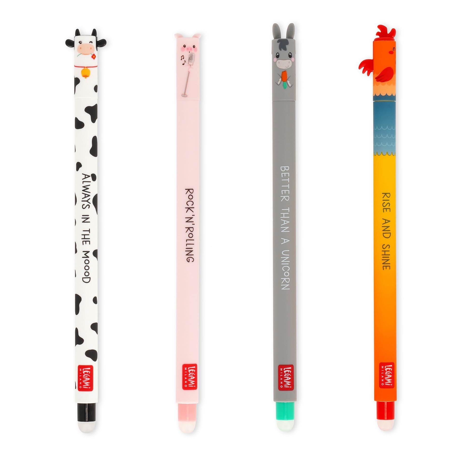 Legami Radiergummi 4er Set Gel Stifte mit radierbarer Tinte, 0,7 mm Spitze, Farben: schwarz, rosa, grün, rot, radiert ohne Blattverbrauch