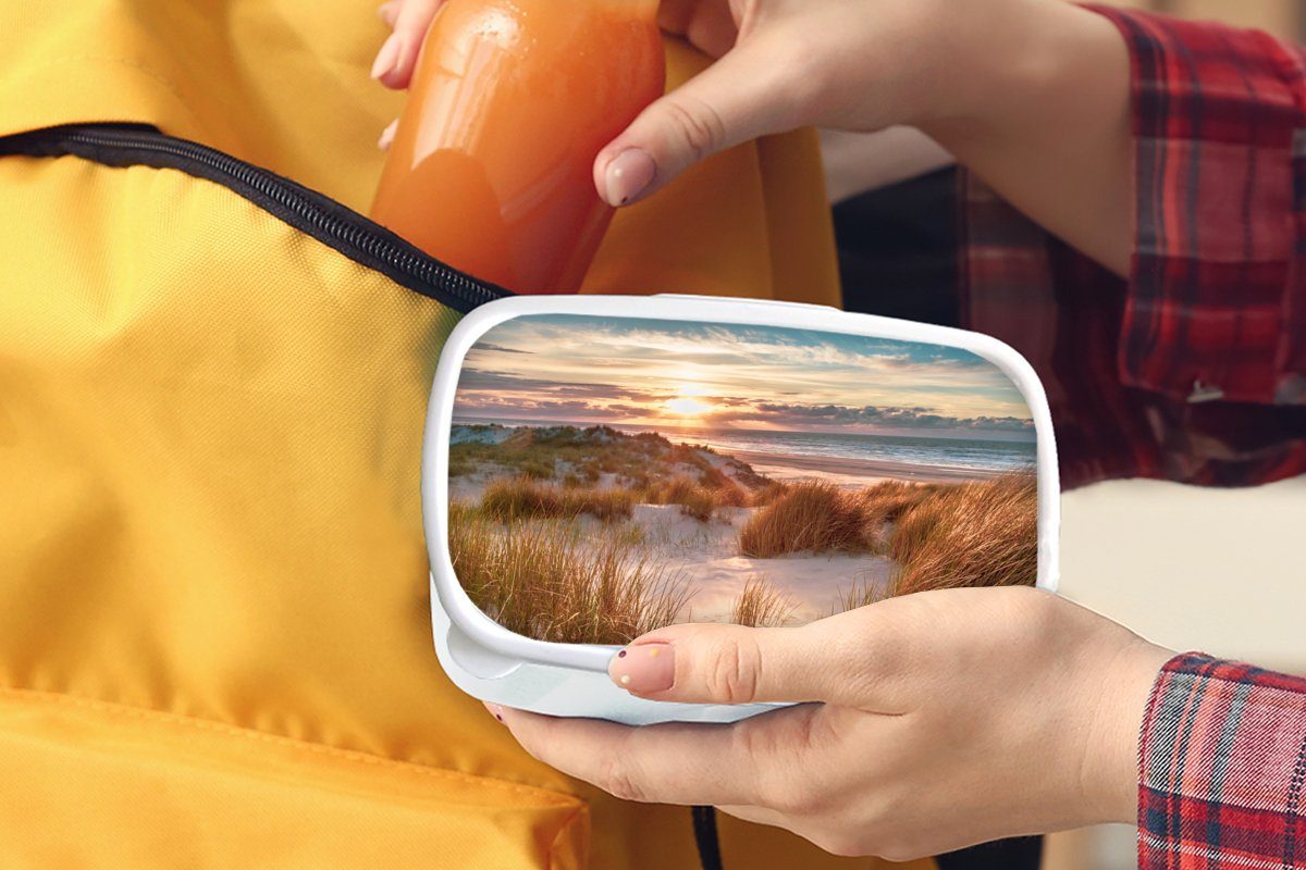 Kinder Brotdose, - und Kunststoff, MuchoWow Sonnenuntergang Jungs Lunchbox - Strand für für Erwachsene, und Meer, (2-tlg), weiß - Düne - Pflanzen Brotbox Mädchen