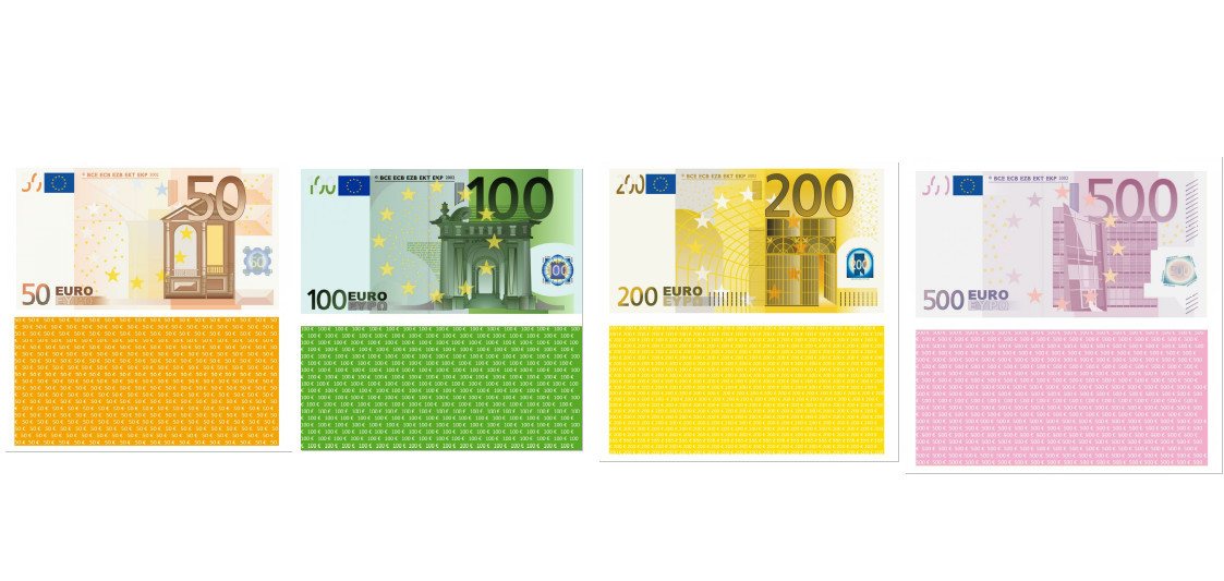 LYSCO Spielgeld Banknoten SET große Scheine (50,100,200,500 Euro) -75% des Originals, nach Vorschriften der EZB erstellt - auch einzeln bestellbar