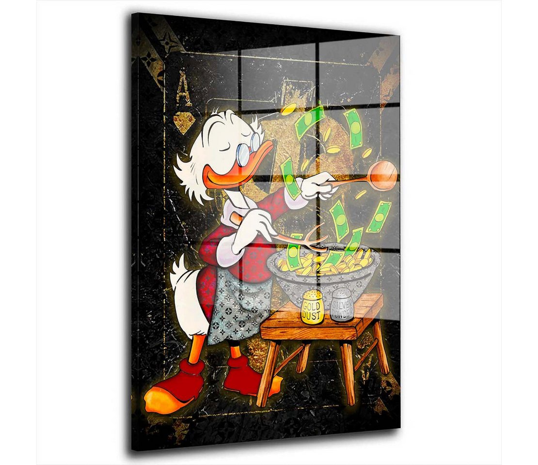 Artedinoi Acrylglasbild Dagobert Acrylglasbild Wandbild Pop Art Comic Geld Kochen XXL, Reicher Comic-Erpel beim Kochen, Geld-Motiv