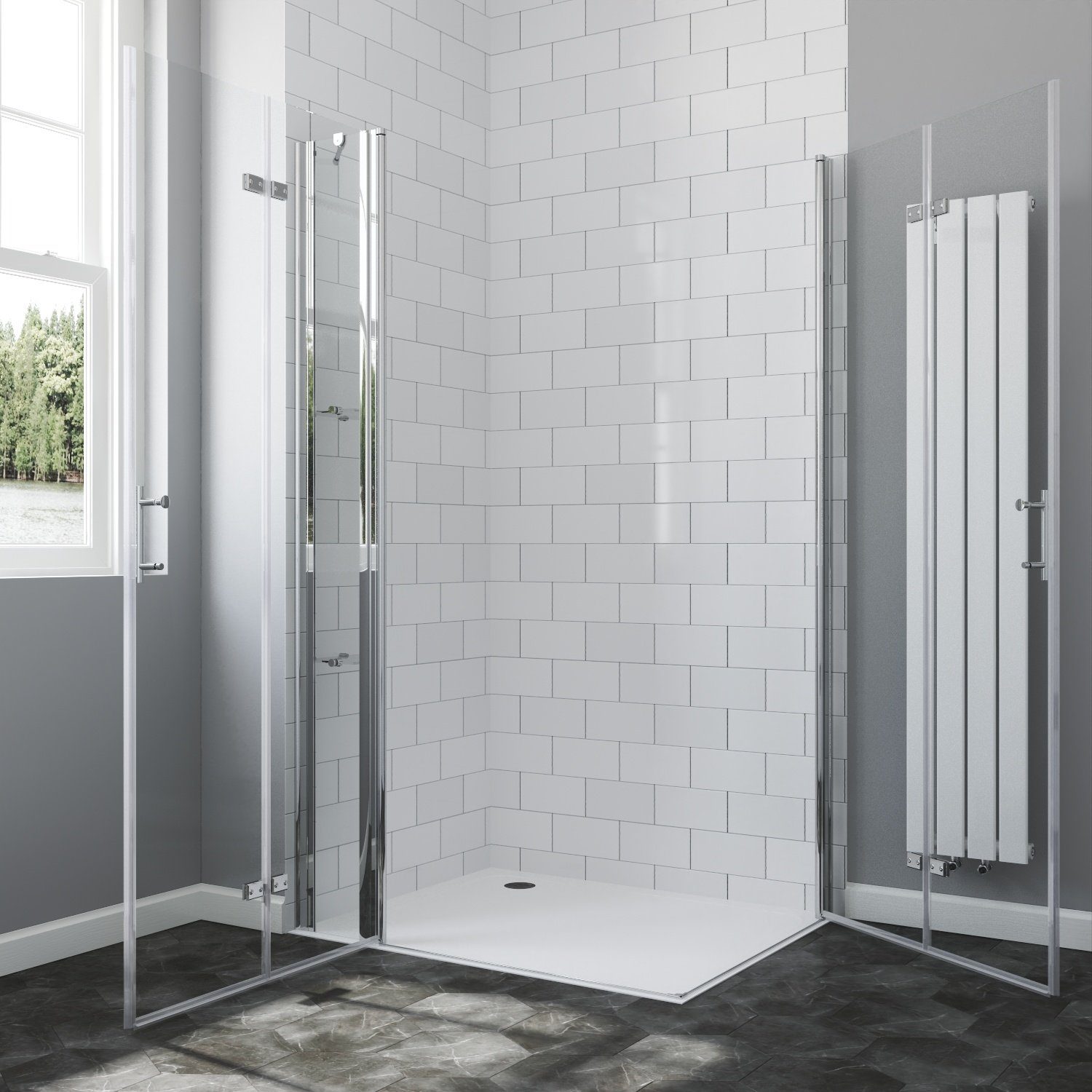 AQUABATOS Eckdusche Duschkabine Eckeinstieg Bad Falttür Duschabtrennung Duschwand, BxT: 90x70 cm, 6 mm Einscheibensicherheitsglas, barrierefrei,großer Verstellbereich,mit Festteil und Duschablage