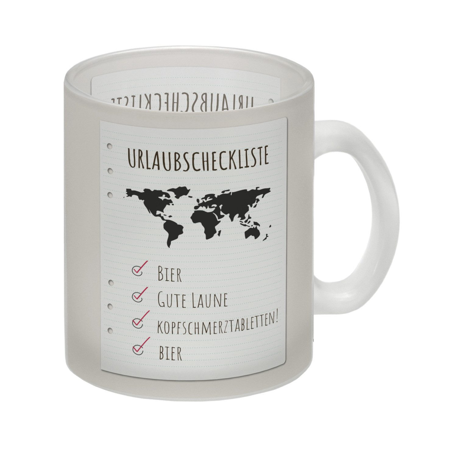speecheese Tasse Glas Tasse Urlaubscheckliste für Partyurlaub mit Weltkarte