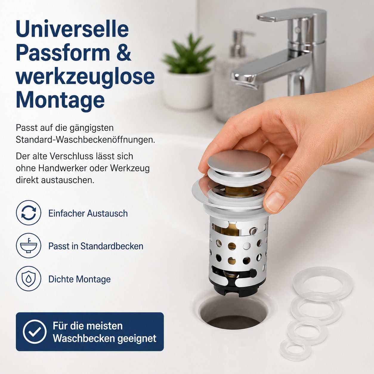 Luckice Waschbeckenstöpsel mit Abflusssieb, aus 304 Edelstahl 100% wasserdicht, (Universeller Pop Up Abflussstopfen mit Haarsieb, schnell ablaufend, für Bad, Kü – Bild 5 von 5