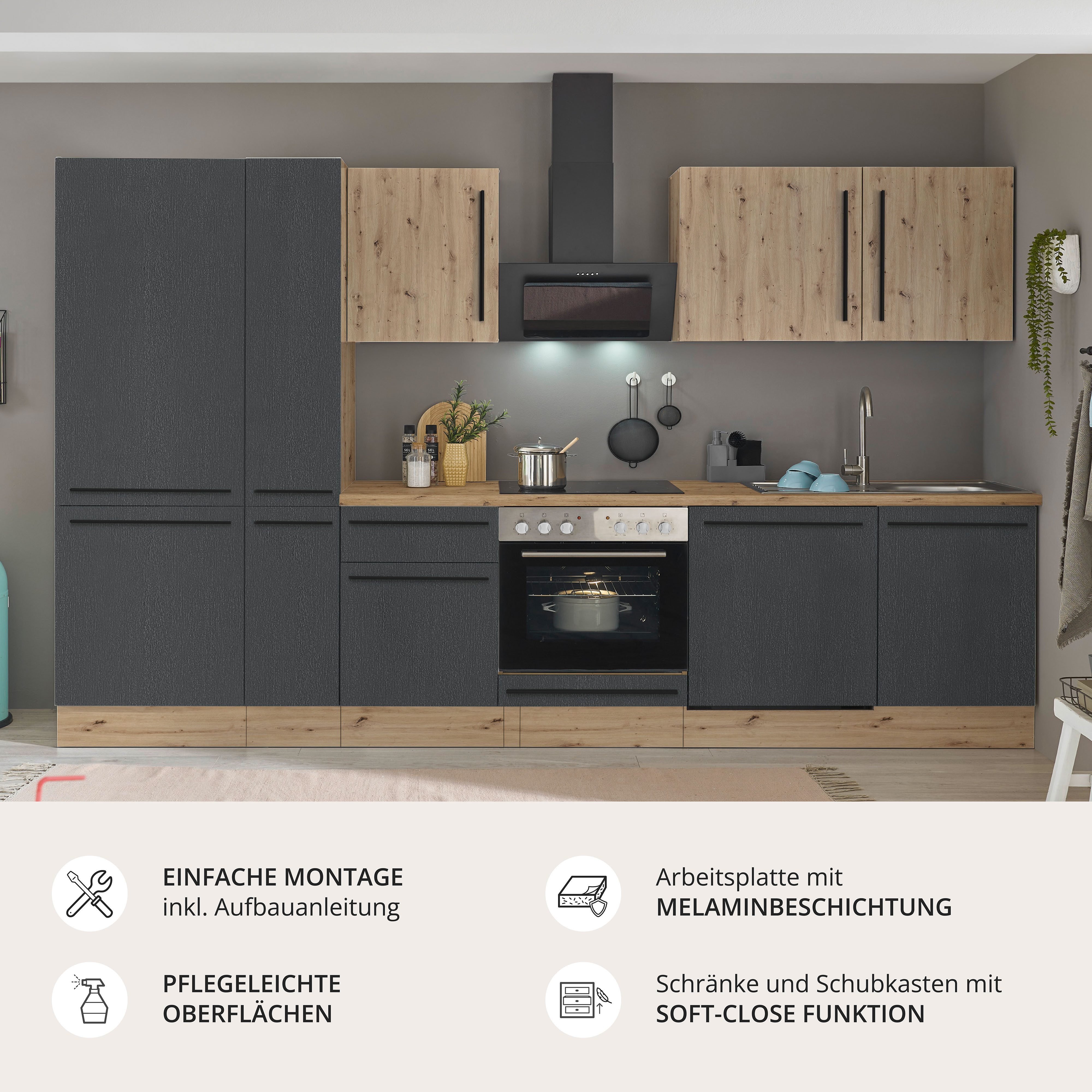 KOCHSTATION Küchenzeile Florida, Breite 310 cm, wahlweise mit E-Geräten,Softclose für Türen/Schubkästen