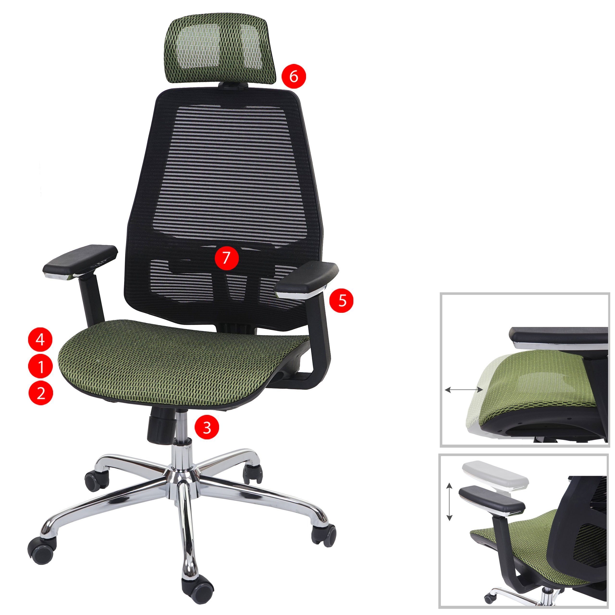 MCW Schreibtischstuhl MCW-A58, Armlehnen Netzbespannung Luftzirkulation höhenverstellbar, grün,schwarz verbessert