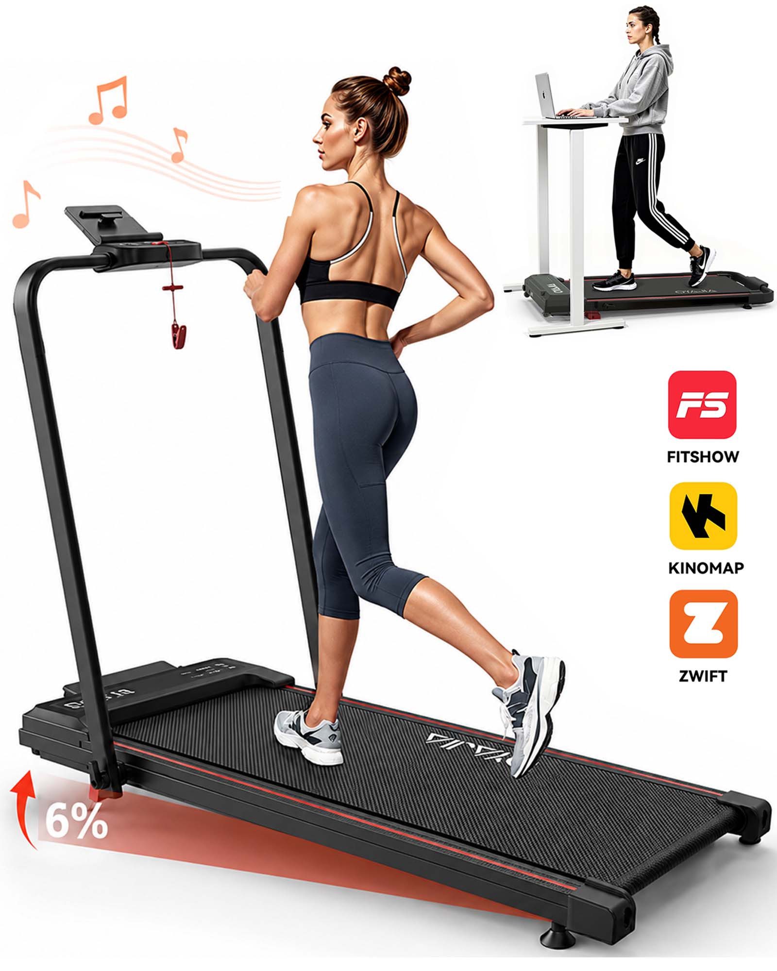 WILGOON Laufband Laufband klappbar 3 in 1 mit 6% Steigung & 1–12 km/h (Walking Pad platzsparend für Zuhause & Homeoffice, 2,5 PS Laufband mit Bluetooth APP & Musikfunktion), Kompaktes Fitness Laufband mit LCD Display bis 120 kg