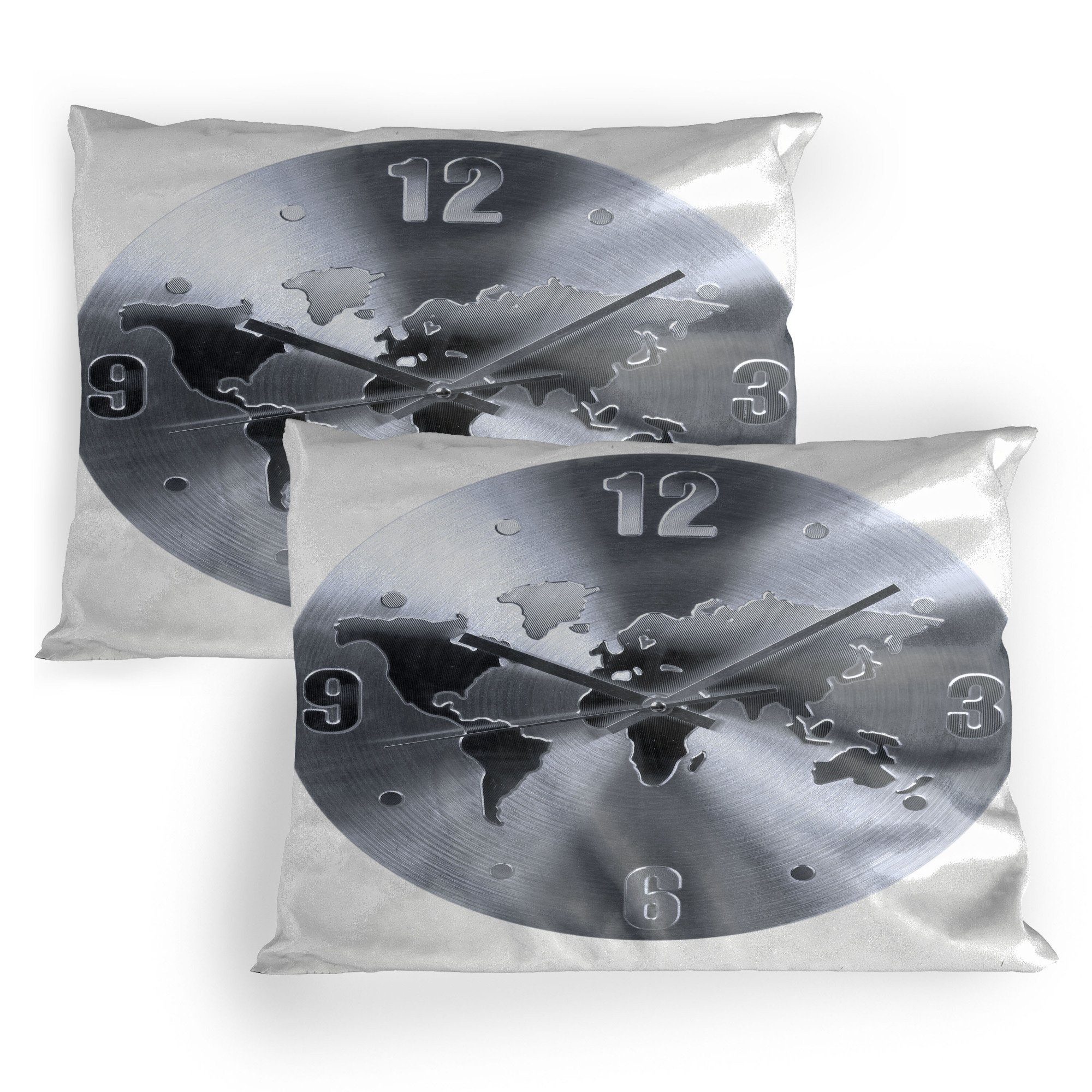 Kissenbezüge Dekorativer Standard Gedruckter Kissenbezug, Abakuhaus (2 Stück), Silber Weltkarte Uhr-Muster
