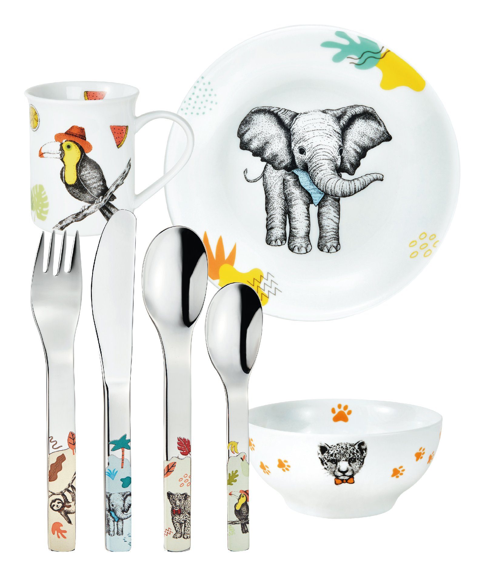 PURESIGNS Kindergeschirr-Set NATURA (7-tlg), 1 Personen, Edelstahl 18/10, Porzellan, Plastikfreier Essgenuss für die Kleinen