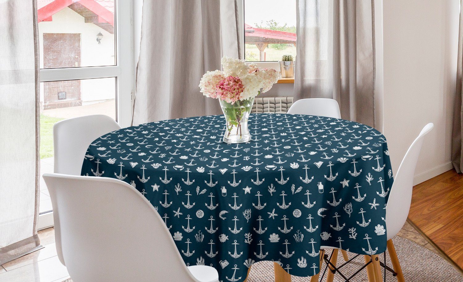 Blau Coral Küche Abdeckung Abakuhaus Dekoration, Tischdecke Esszimmer Tischdecke Kreis Anchor Seestern Nautical für