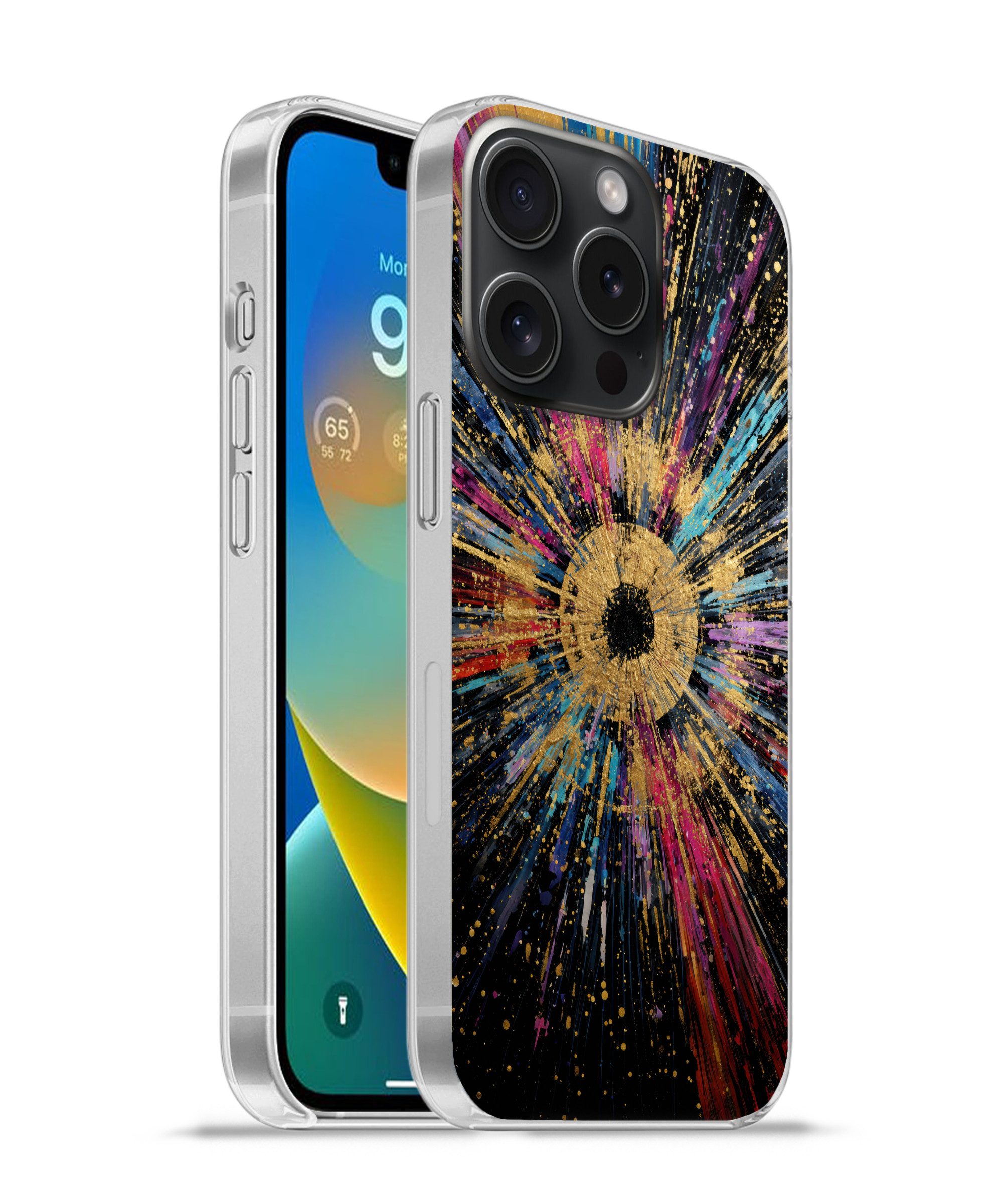 MuchoWow Handyhülle für Apple iPhone 15 Pro Explosion - Gold - Bunt - Abstrakt, Smartphone-Bumper, Print, Handy Schutzhülle Dünn