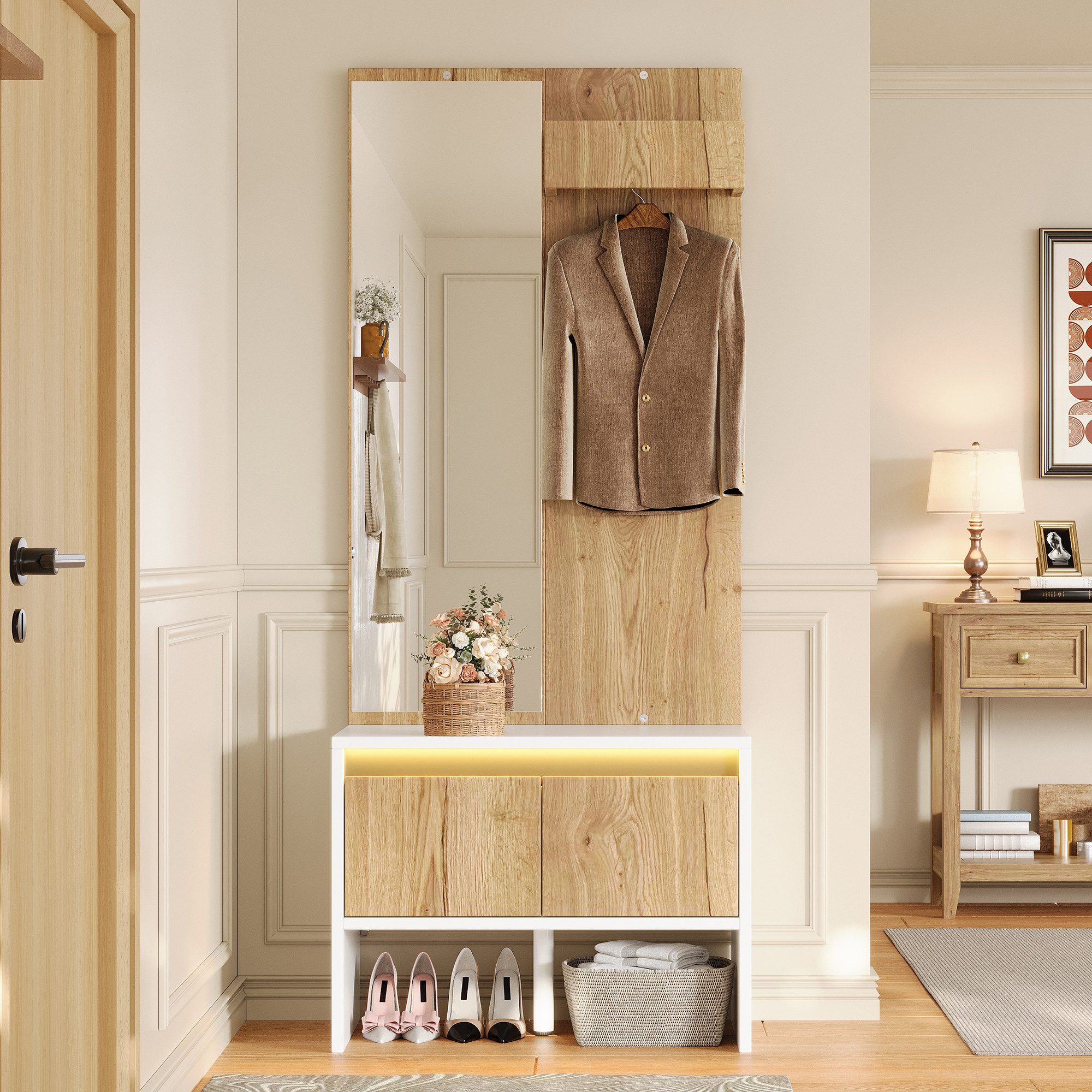 Flieks Garderoben-Set Kleiderhaken, Spiegel, Schuhbank mit Schubladen & LED-Beleuchtung, (Set, 2-St., 60×38×145 cm), Kompaktgarderobe Garderobenständer Flurmöbel Holzoptik Weiß