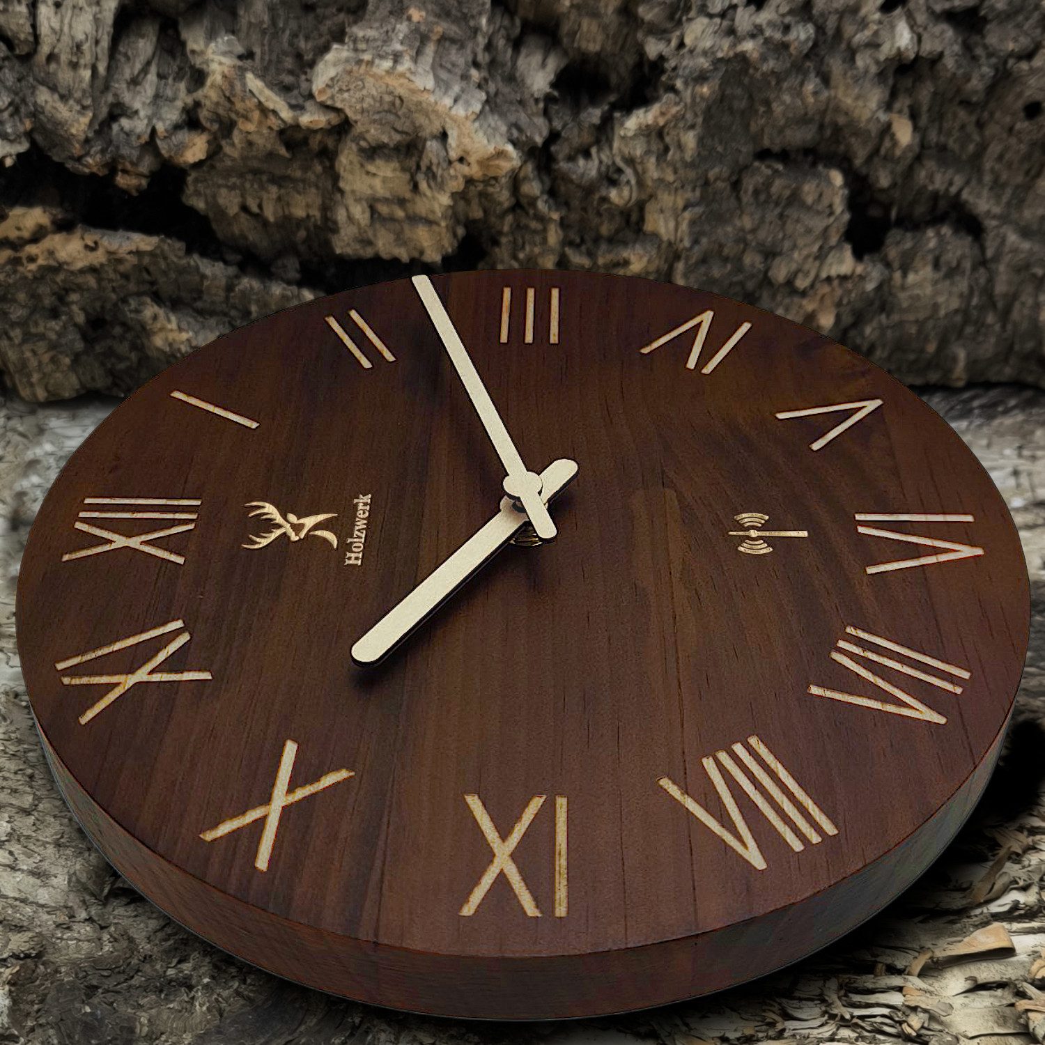 Holzwerk Funkwanduhr moderne Designer Loft Funk Holz Wand Uhr (Nahezu lautloses Uhrwerk, analog, 25 cm)