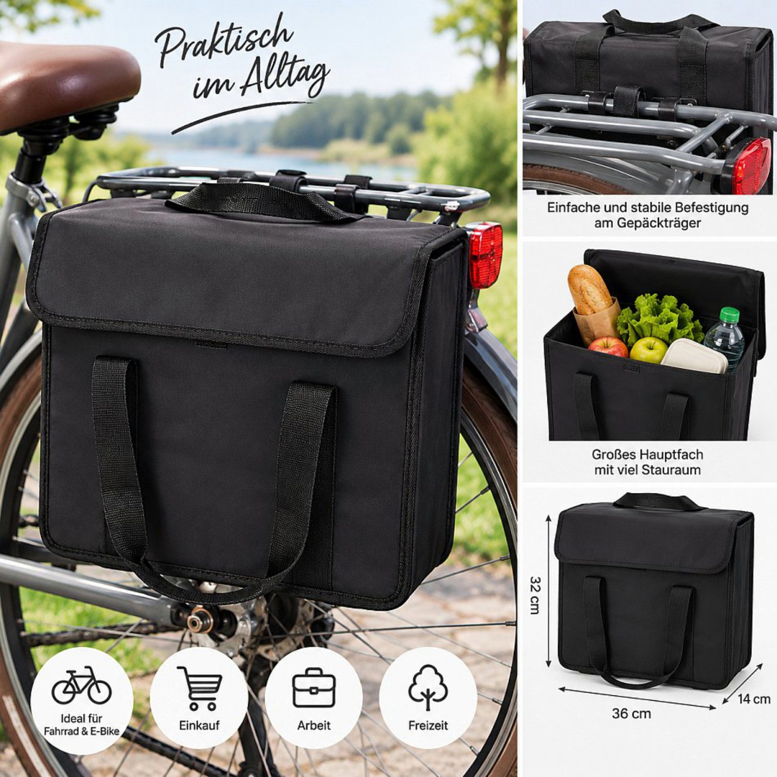 Koopman Fahrradtasche Gepäckträgertasche Einseitig 20L (Stück, Packung), Polyester, Schwarz, 32x34x14cm, Formstabil – Bild 2 von 5