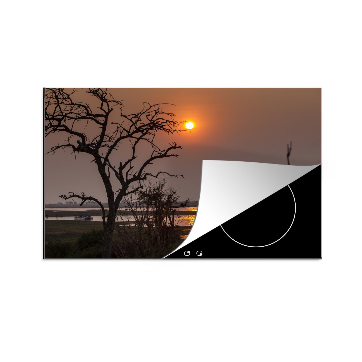 MuchoWow Herdblende-/Abdeckplatte Silhouette von Bäumen am Serondela-Fluss bei Sonnenuntergang im, Vinyl, (1 tlg), 81x52 cm, Induktionskochfeld Schutz für die küche, Ceranfeldabdeckung