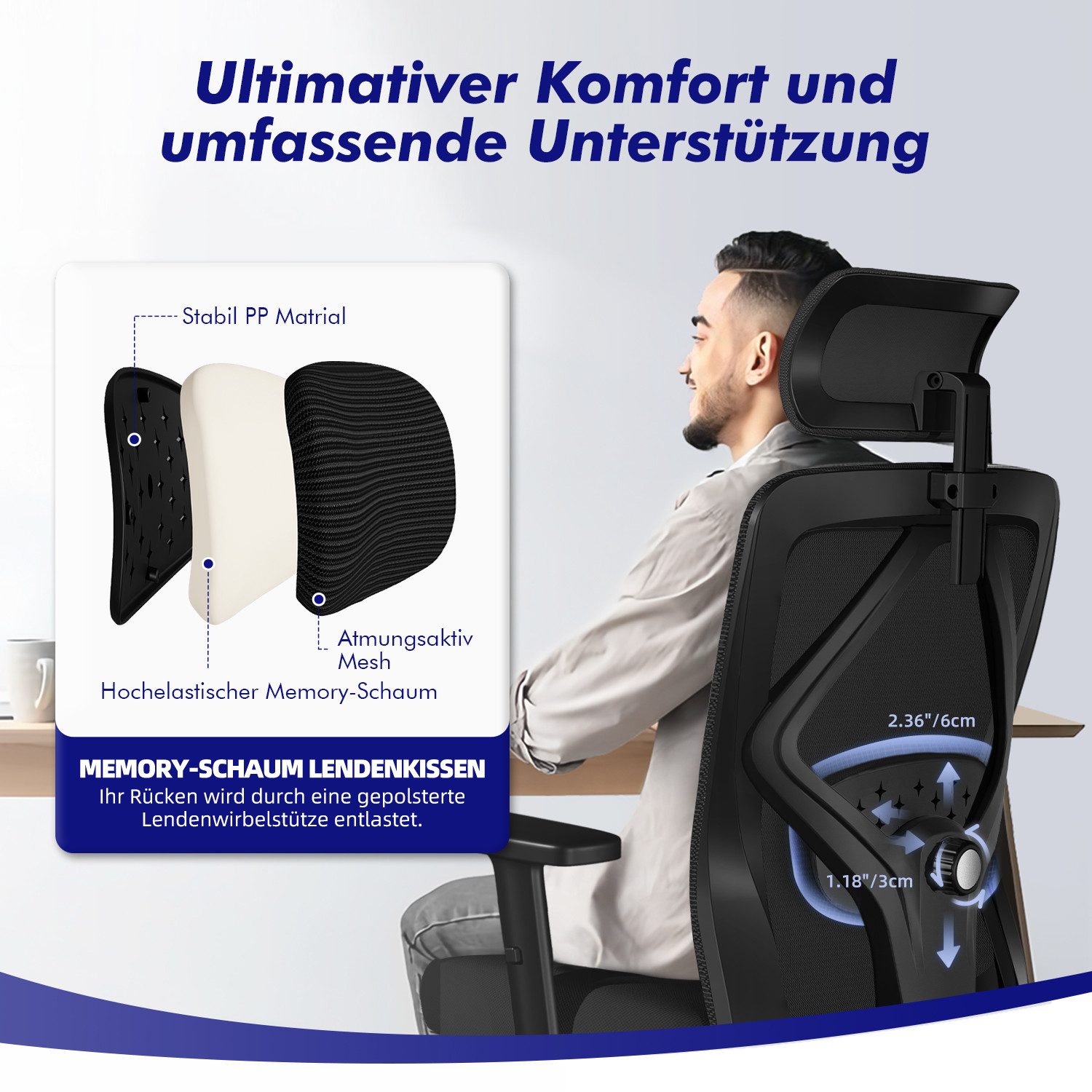 Lexzurn Bürostuhl Bürostuhl ergonomisch, Schreibtischstuhl 3D Memory-Schaum Lendenstütze (Wippfunktion bis 135°, Bis 200kg Belastar, Atmungsaktiv Mesh), Höhenve – Bild 4 von 5