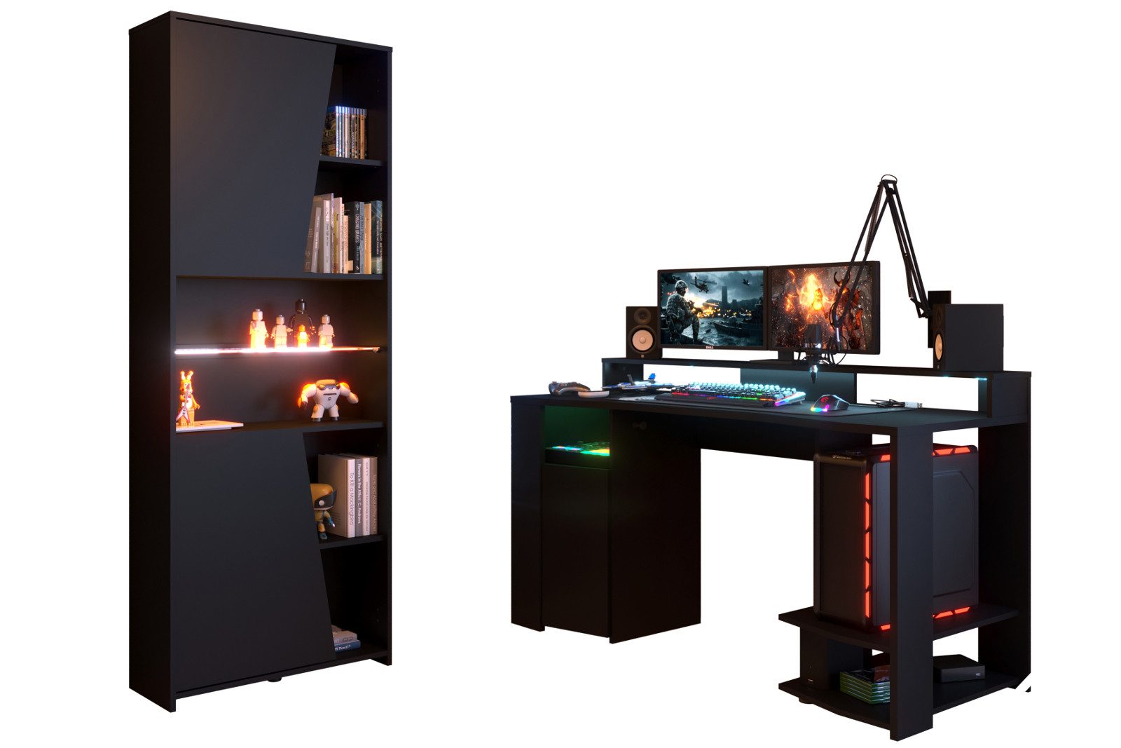 Parisot Jugendzimmer-Set Gaming, (in matt schwarz, 2-tlg., mit Gaming Schreibtisch und Schrank), inklusive LED Beleuchtung